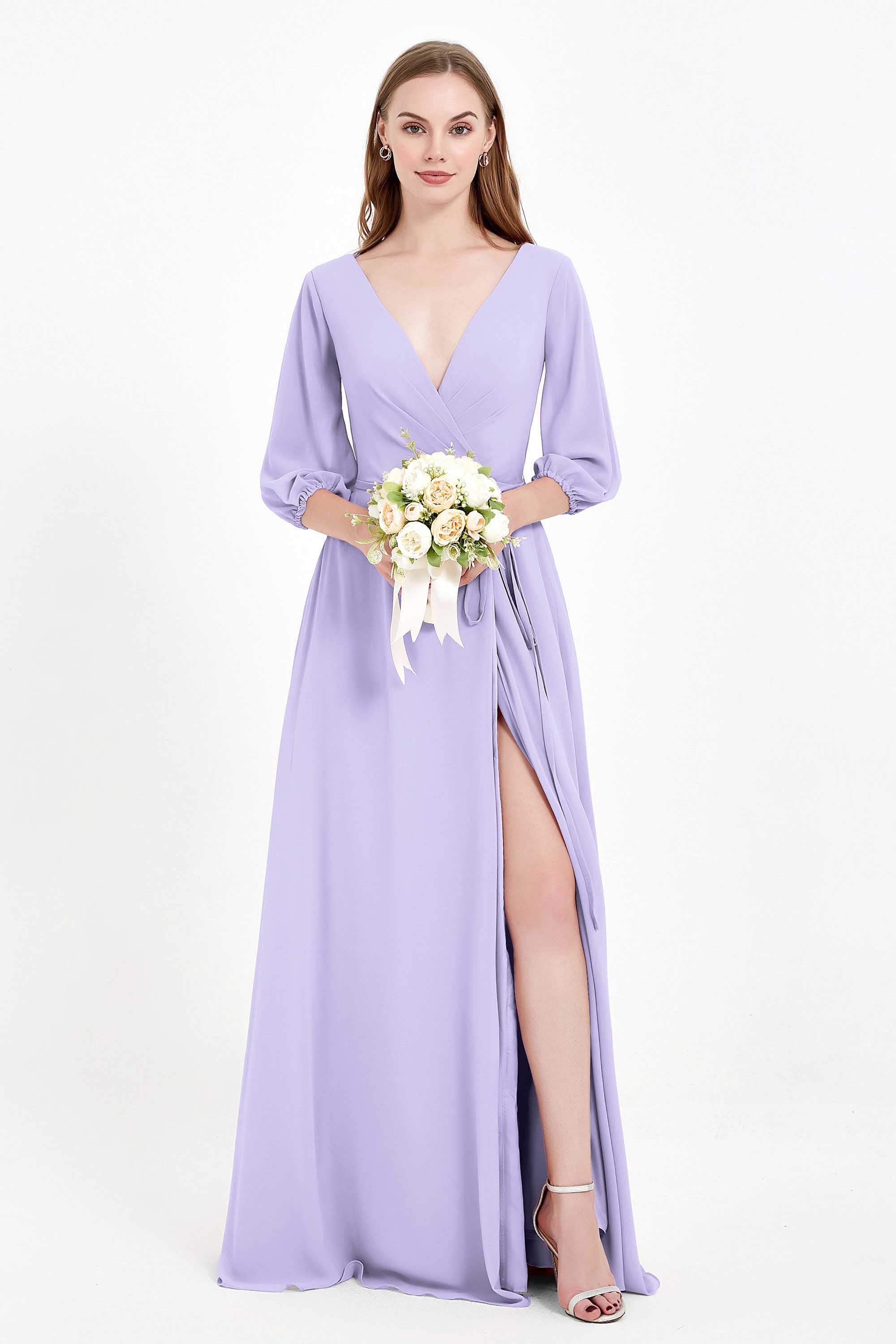 Long Sleeves V Neck Chiffon Bridesmaid Dresses Mother of the Bride Dress Evening Party Gowns