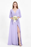 Long Sleeves V Neck Chiffon Bridesmaid Dresses Mother of the Bride Dress Evening Party Gowns