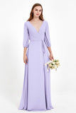 Long Sleeves V Neck Chiffon Bridesmaid Dresses Mother of the Bride Dress Evening Party Gowns