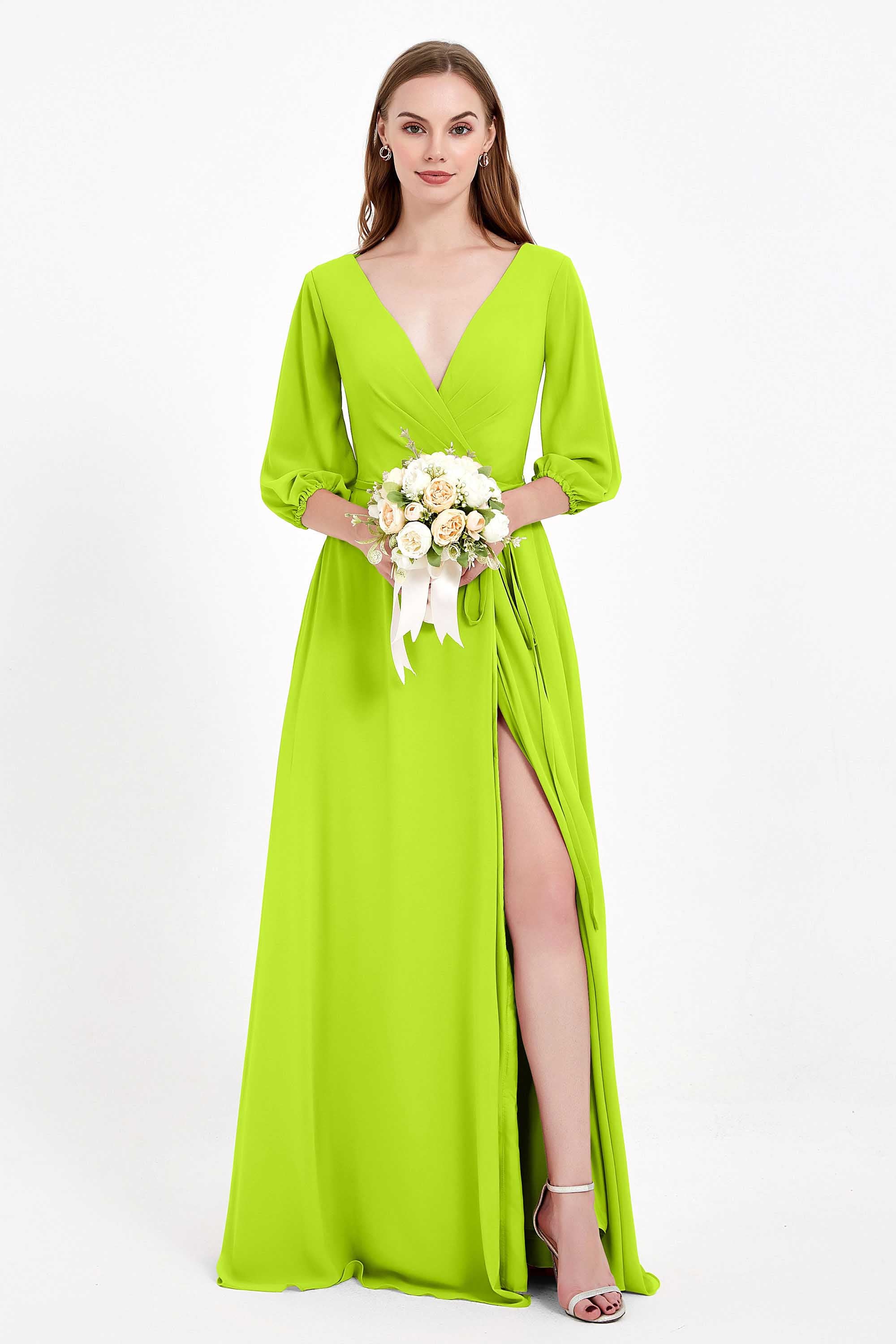 Long Sleeves V Neck Chiffon Bridesmaid Dresses Mother of the Bride Dress Evening Party Gowns