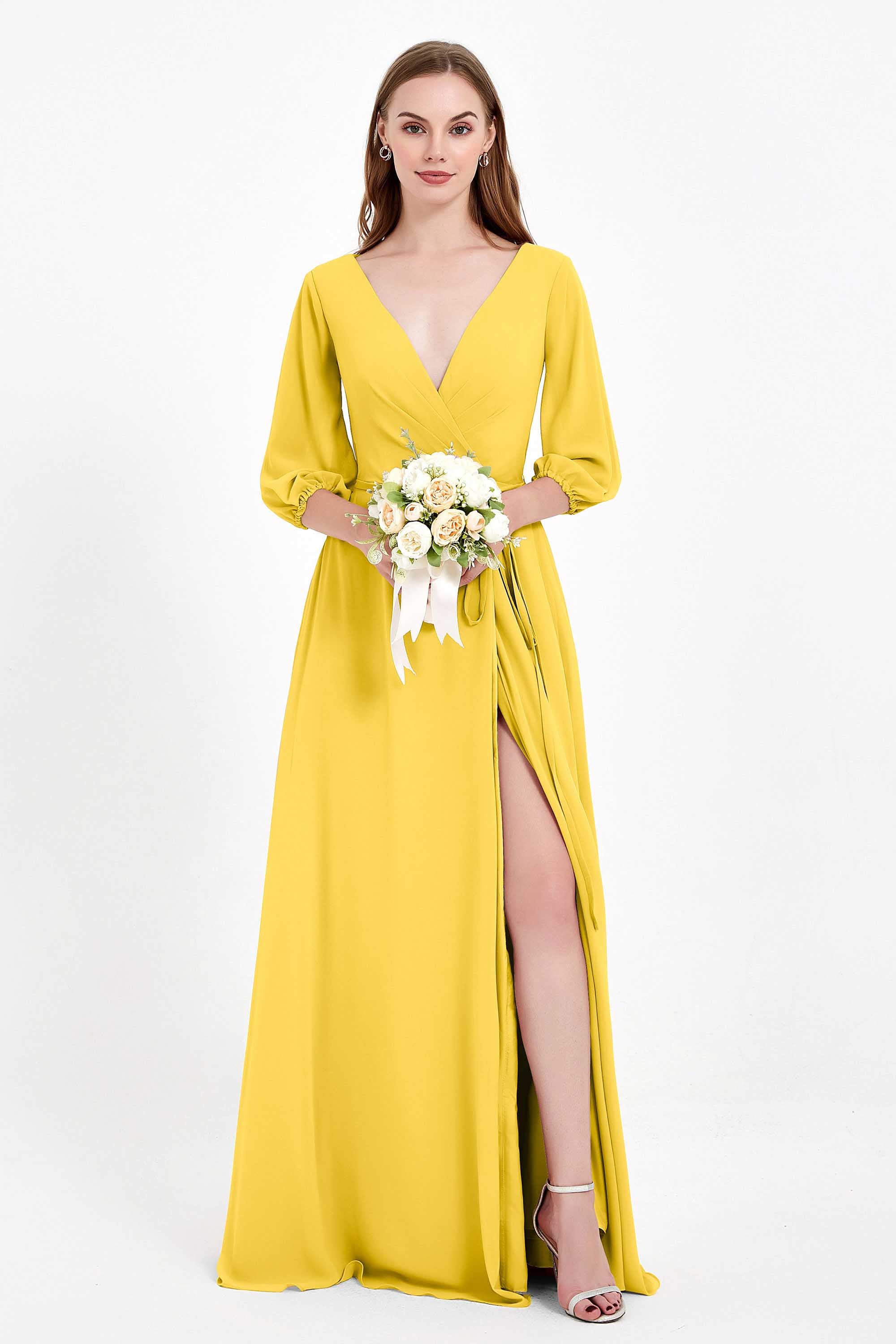 Long Sleeves V Neck Chiffon Bridesmaid Dresses Mother of the Bride Dress Evening Party Gowns