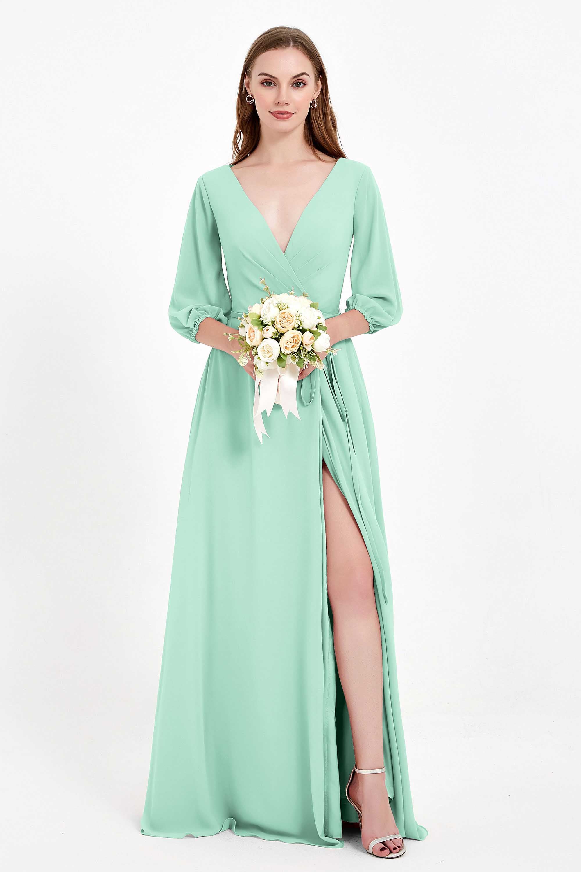 Long Sleeves V Neck Chiffon Bridesmaid Dresses Mother of the Bride Dress Evening Party Gowns