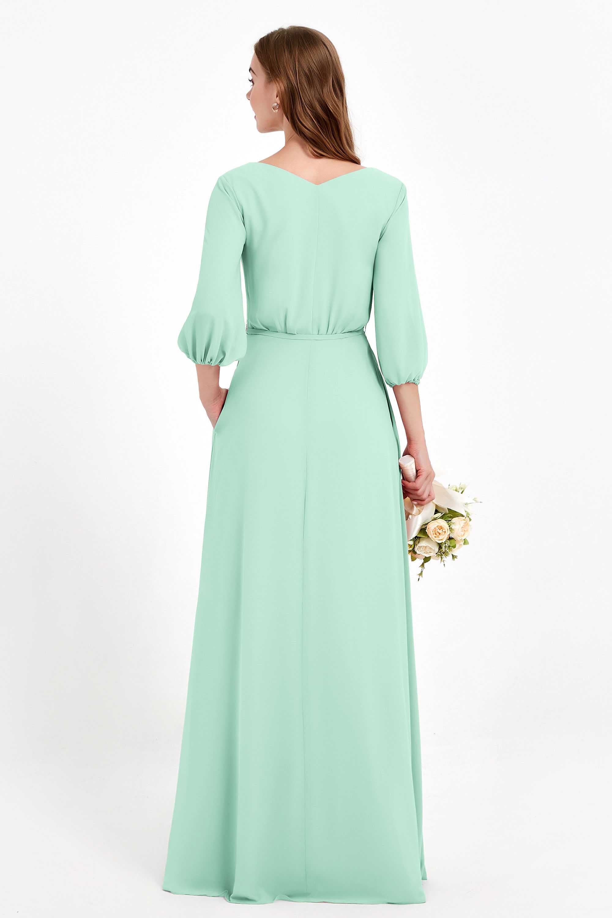 Long Sleeves V Neck Chiffon Bridesmaid Dresses Mother of the Bride Dress Evening Party Gowns
