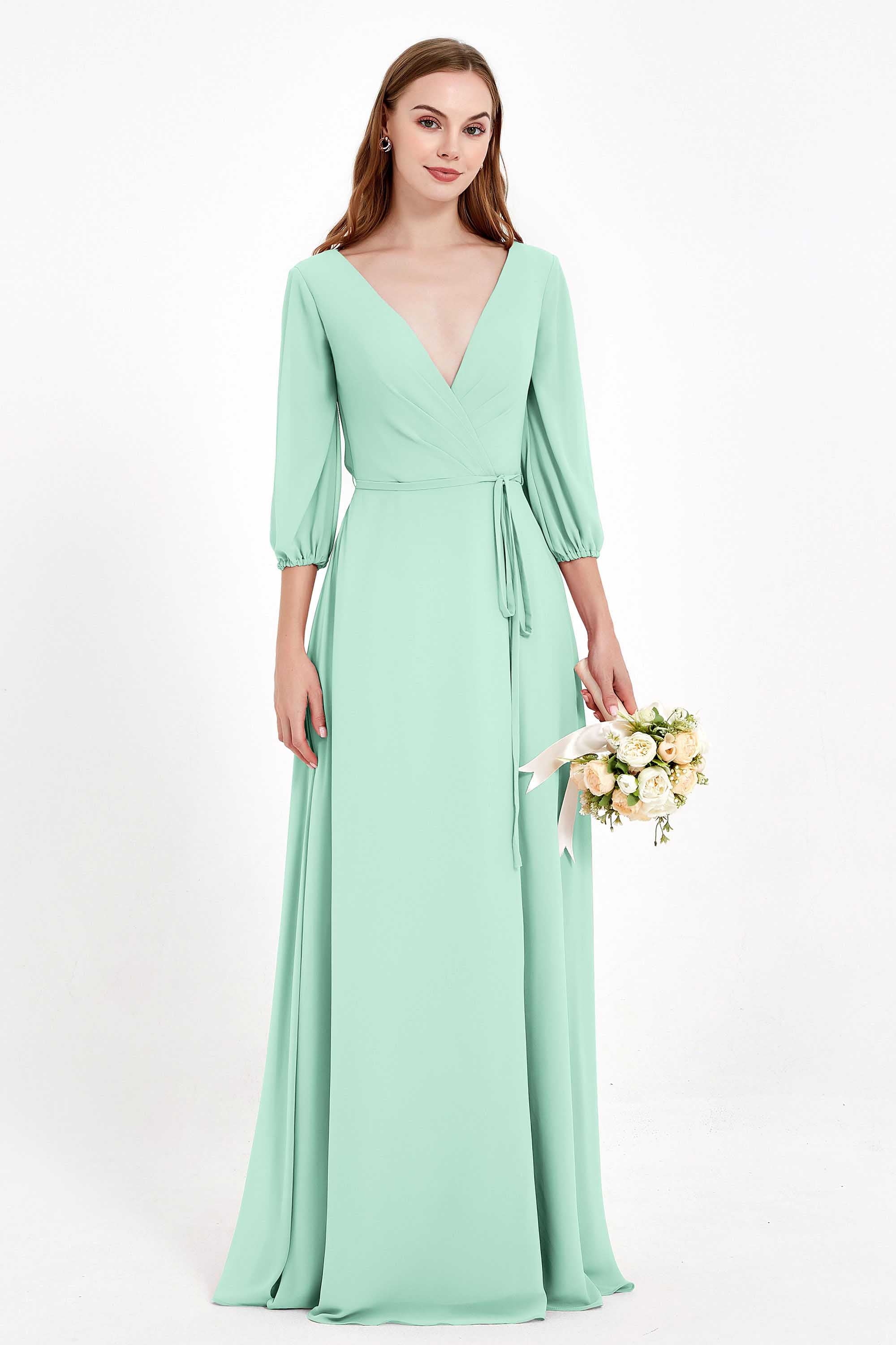 Long Sleeves V Neck Chiffon Bridesmaid Dresses Mother of the Bride Dress Evening Party Gowns