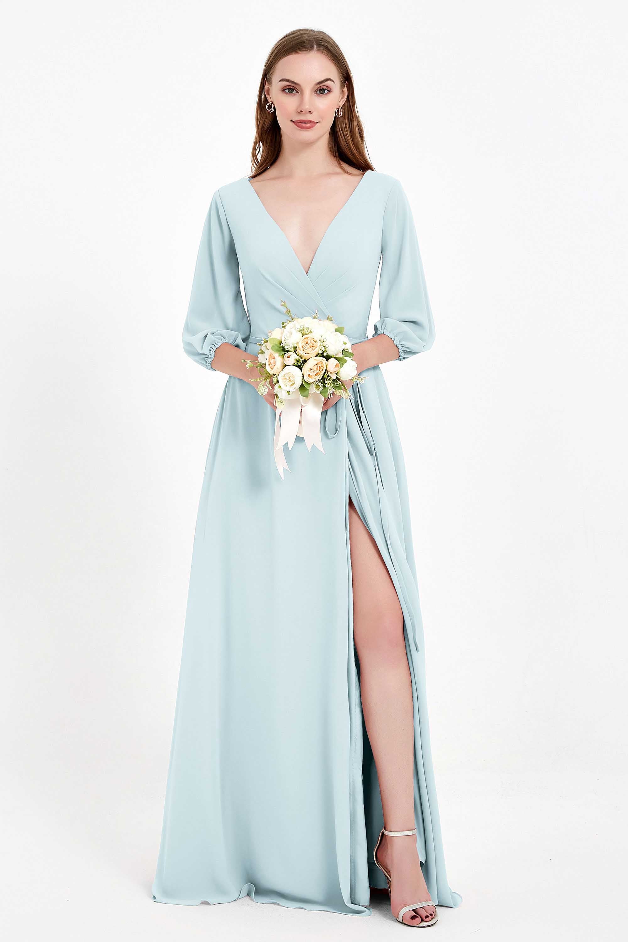 Long Sleeves V Neck Chiffon Bridesmaid Dresses Mother of the Bride Dress Evening Party Gowns