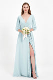 Long Sleeves V Neck Chiffon Bridesmaid Dresses Mother of the Bride Dress Evening Party Gowns