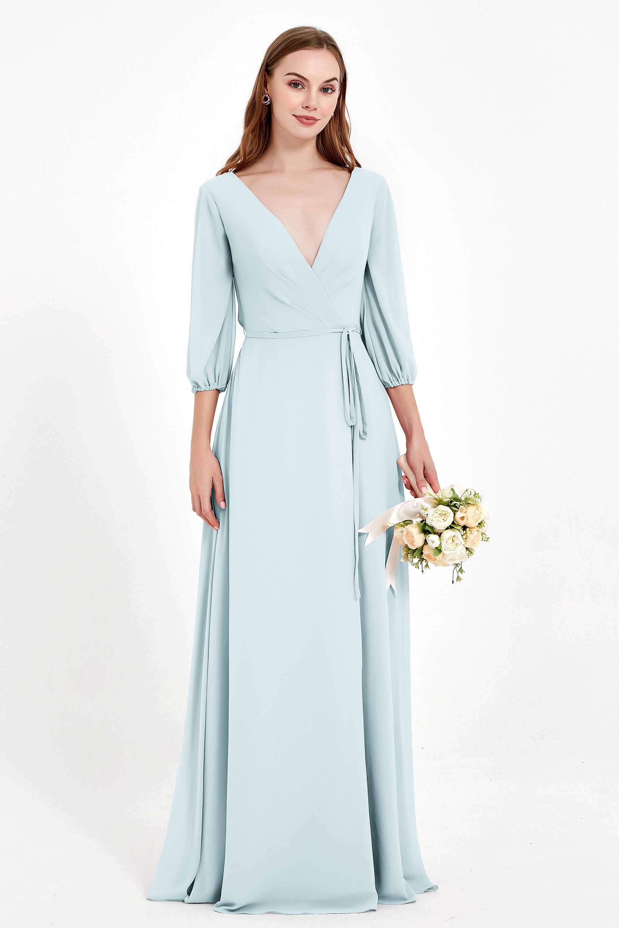 Long Sleeves V Neck Chiffon Bridesmaid Dresses Mother of the Bride Dress Evening Party Gowns
