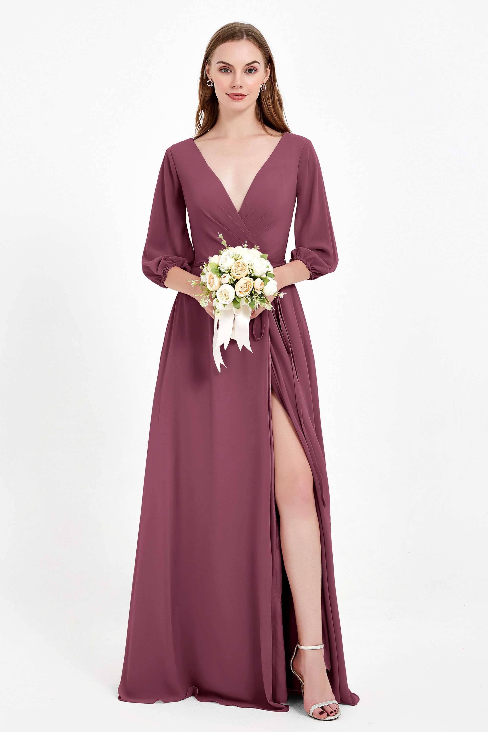 Long Sleeves V Neck Chiffon Bridesmaid Dresses Mother of the Bride Dress Evening Party Gowns