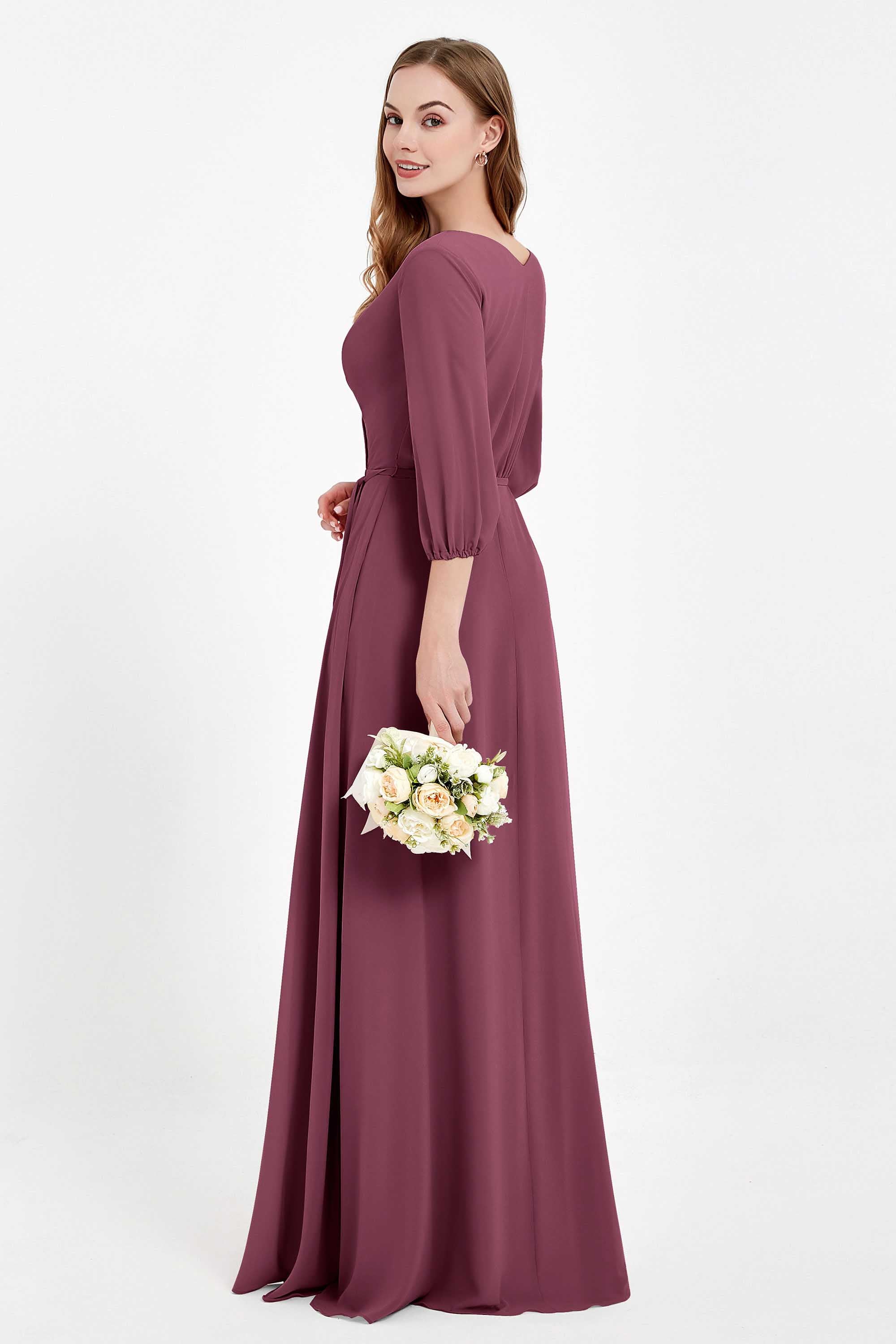 Long Sleeves V Neck Chiffon Bridesmaid Dresses Mother of the Bride Dress Evening Party Gowns