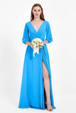 Long Sleeves V Neck Chiffon Bridesmaid Dresses Mother of the Bride Dress Evening Party Gowns