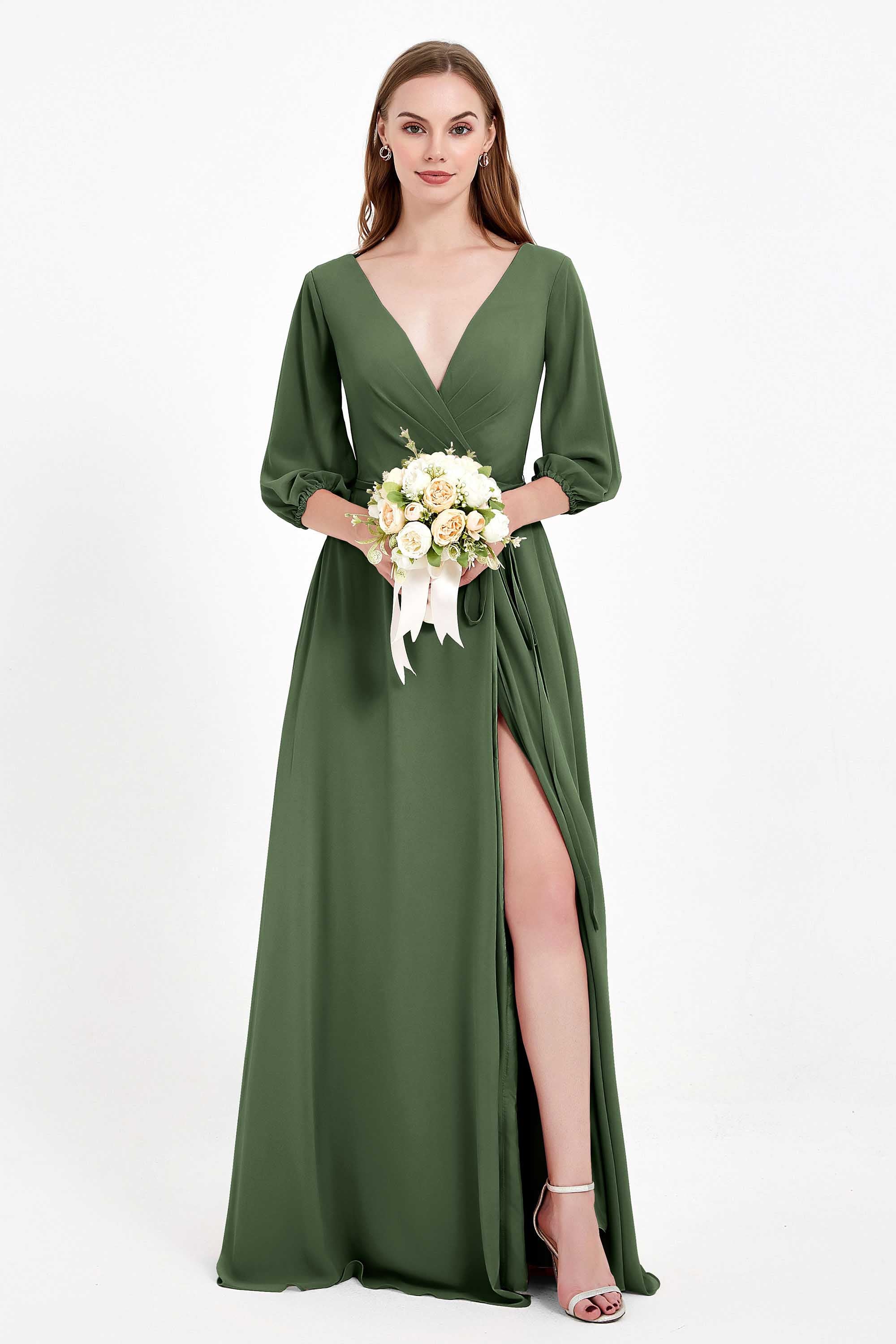 Long Sleeves V Neck Chiffon Bridesmaid Dresses Mother of the Bride Dress Evening Party Gowns