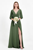 Long Sleeves V Neck Chiffon Bridesmaid Dresses Mother of the Bride Dress Evening Party Gowns