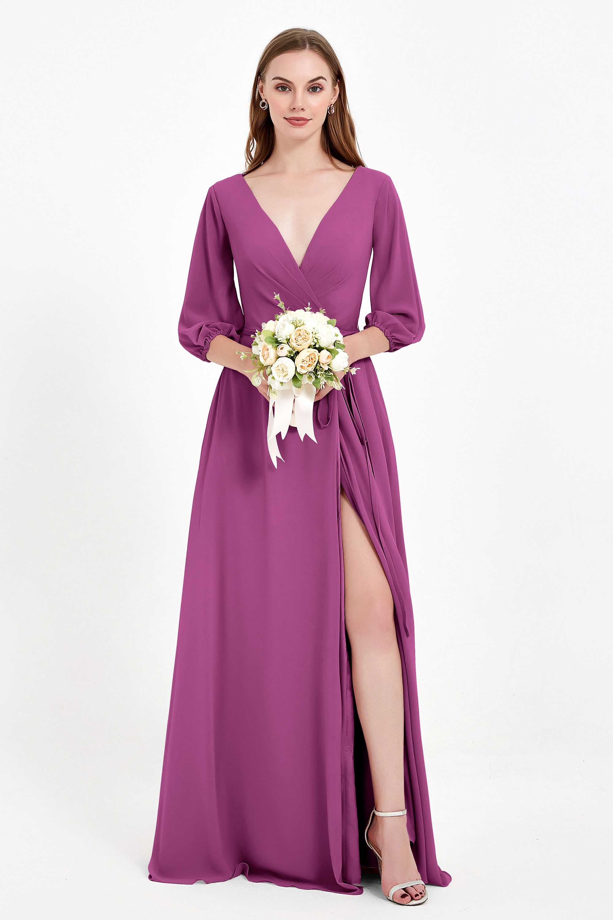 Long Sleeves V Neck Chiffon Bridesmaid Dresses Mother of the Bride Dress Evening Party Gowns