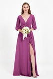 Long Sleeves V Neck Chiffon Bridesmaid Dresses Mother of the Bride Dress Evening Party Gowns