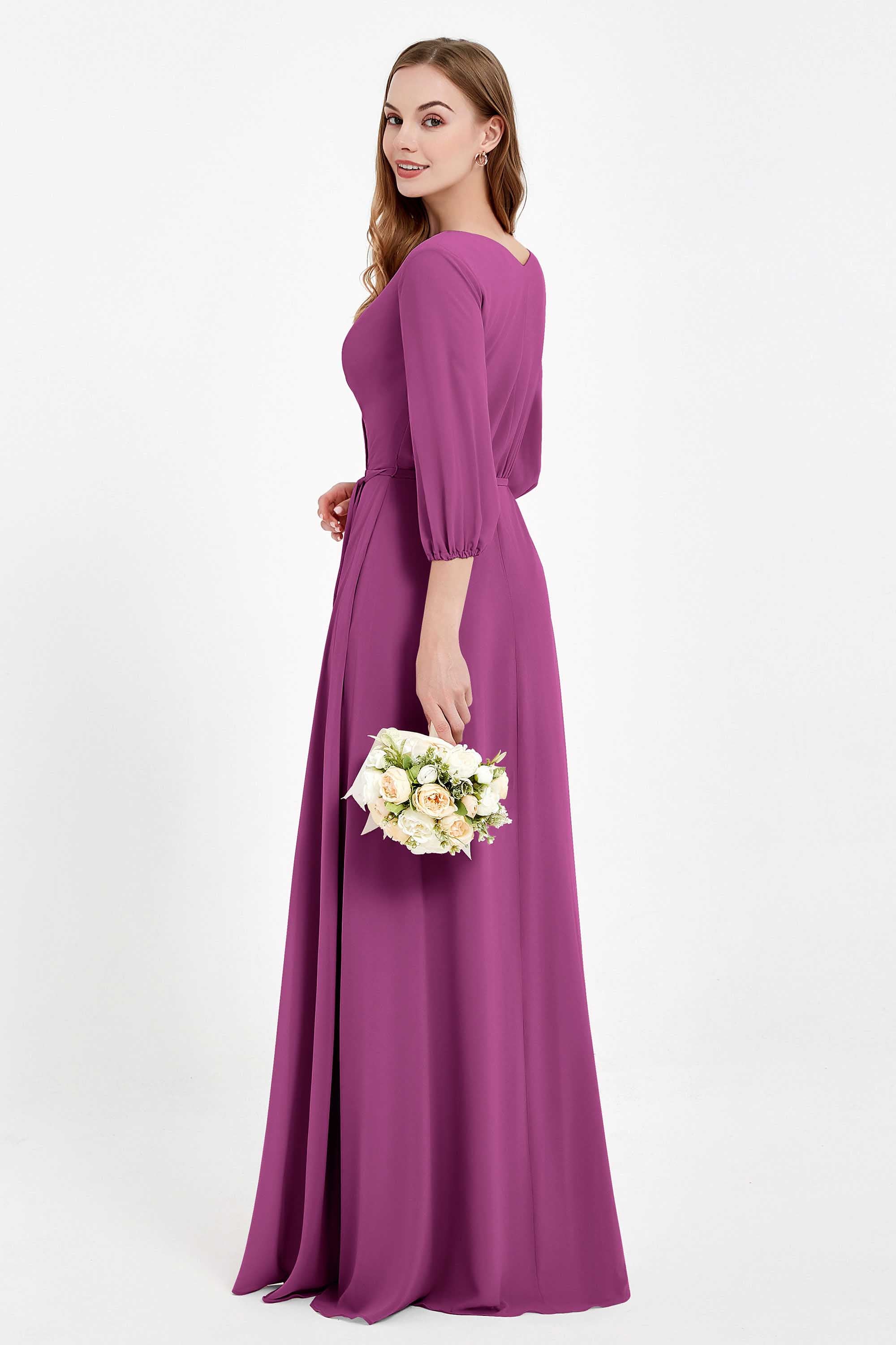 Long Sleeves V Neck Chiffon Bridesmaid Dresses Mother of the Bride Dress Evening Party Gowns