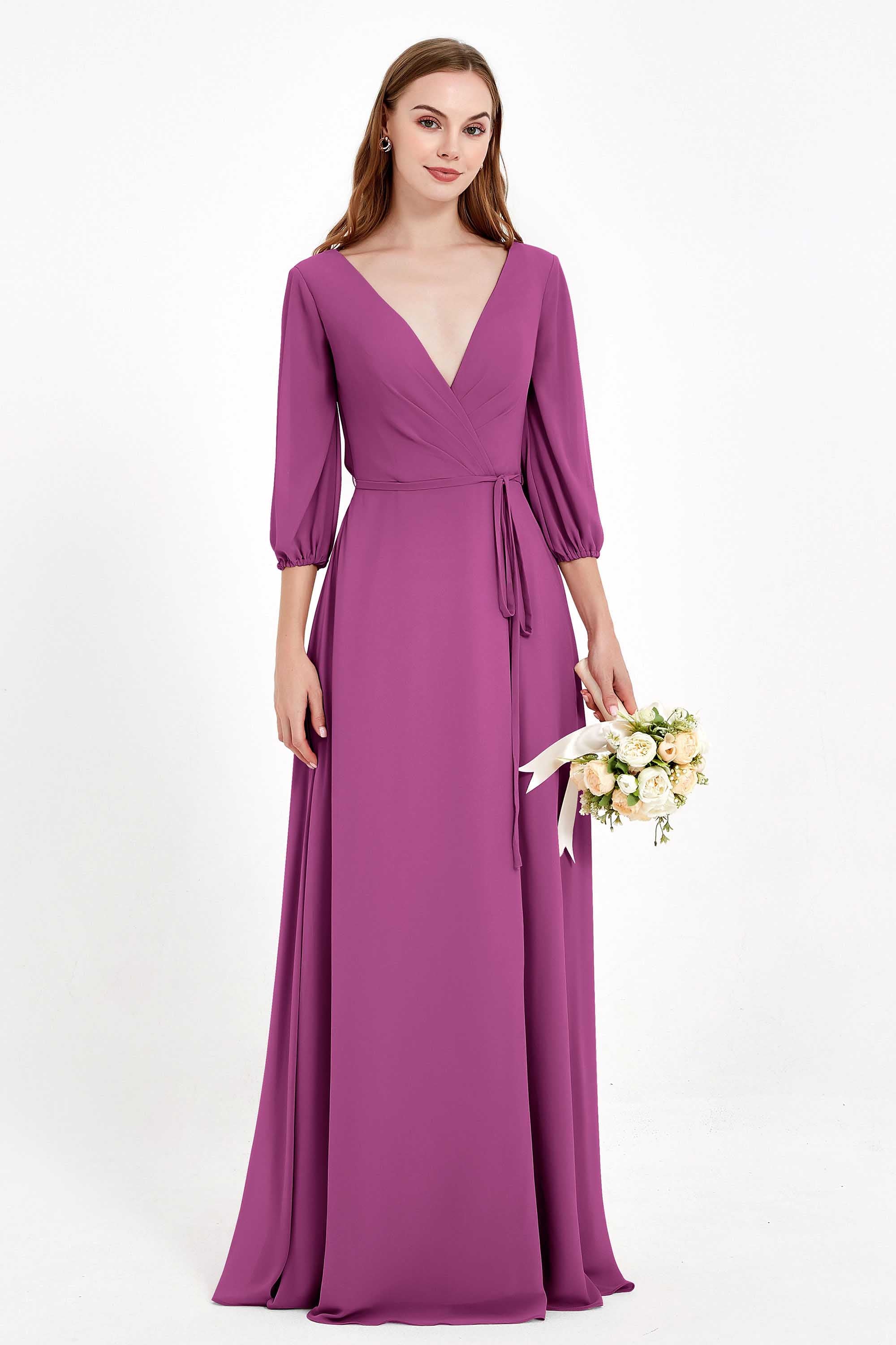 Long Sleeves V Neck Chiffon Bridesmaid Dresses Mother of the Bride Dress Evening Party Gowns