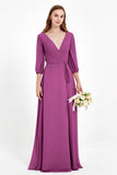 Long Sleeves V Neck Chiffon Bridesmaid Dresses Mother of the Bride Dress Evening Party Gowns