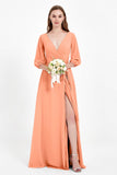Long Sleeves V Neck Chiffon Bridesmaid Dresses Mother of the Bride Dress Evening Party Gowns