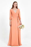 Long Sleeves V Neck Chiffon Bridesmaid Dresses Mother of the Bride Dress Evening Party Gowns