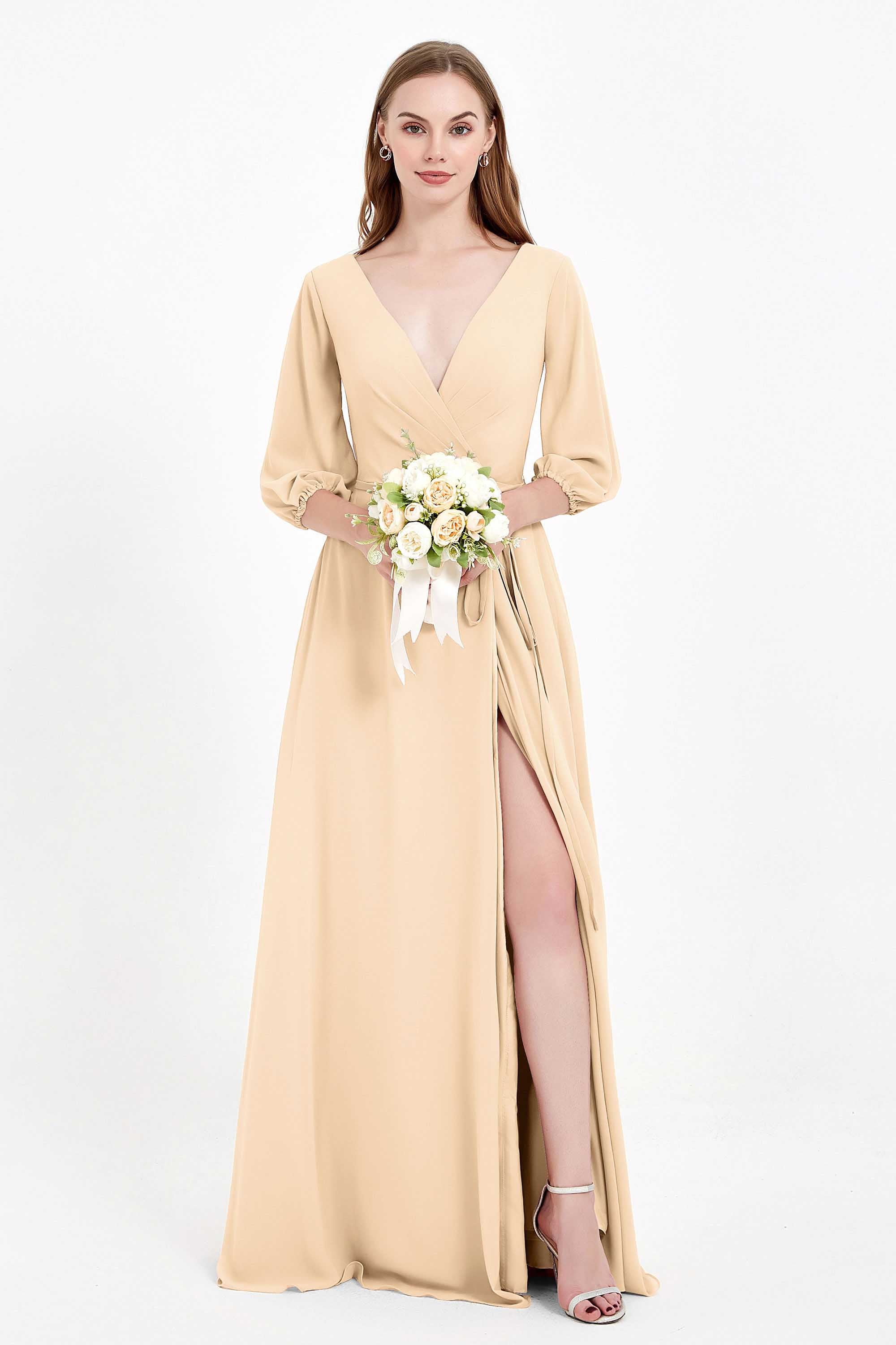 Long Sleeves V Neck Chiffon Bridesmaid Dresses Mother of the Bride Dress Evening Party Gowns
