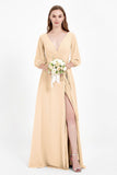Long Sleeves V Neck Chiffon Bridesmaid Dresses Mother of the Bride Dress Evening Party Gowns