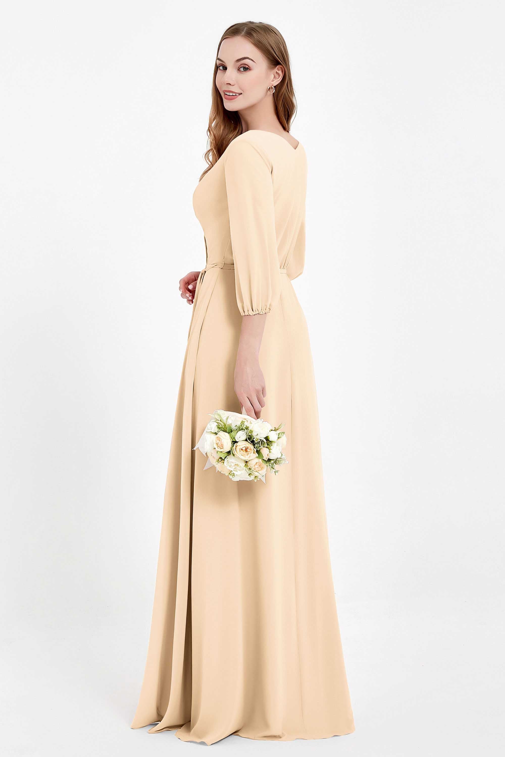 Long Sleeves V Neck Chiffon Bridesmaid Dresses Mother of the Bride Dress Evening Party Gowns