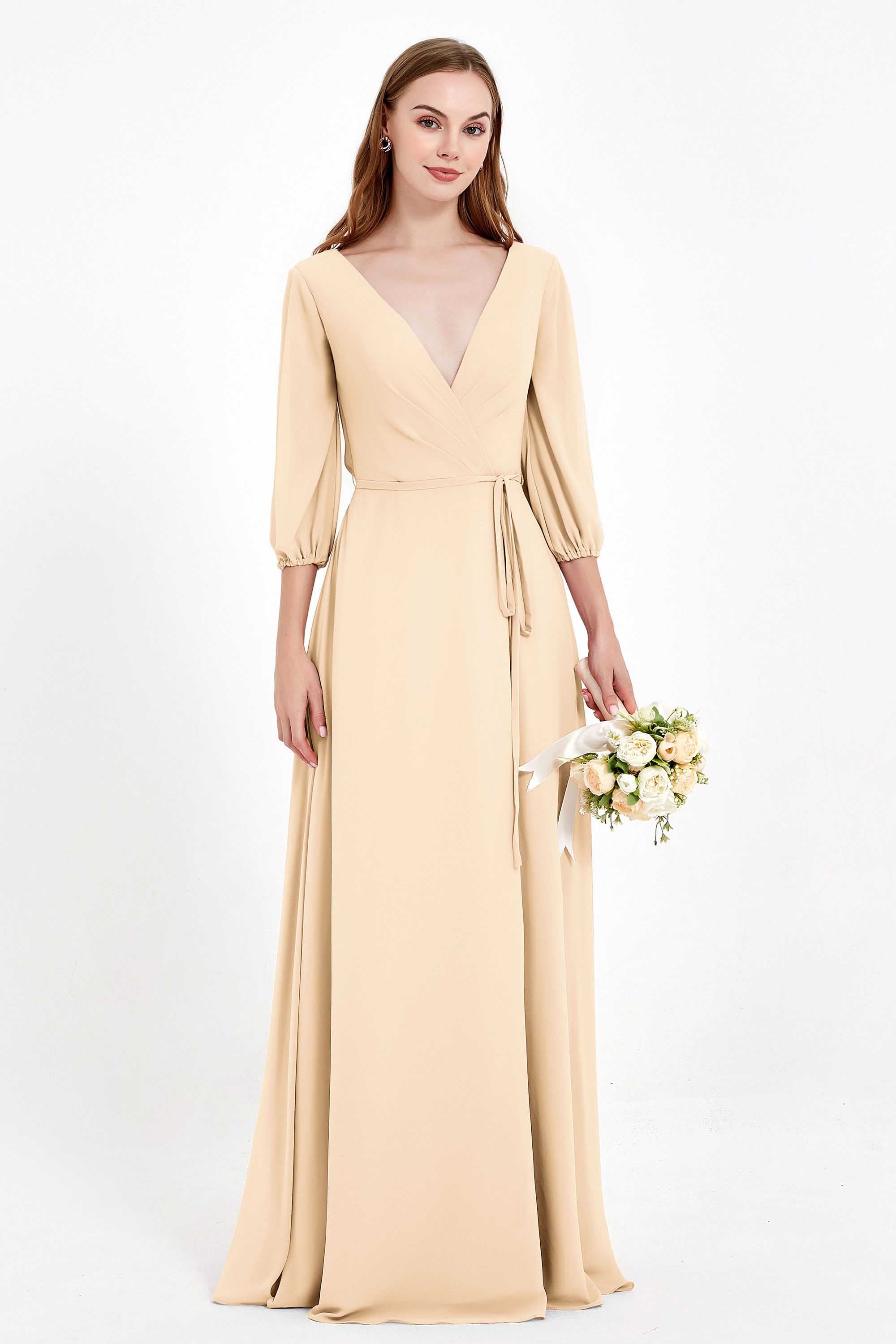 Long Sleeves V Neck Chiffon Bridesmaid Dresses Mother of the Bride Dress Evening Party Gowns