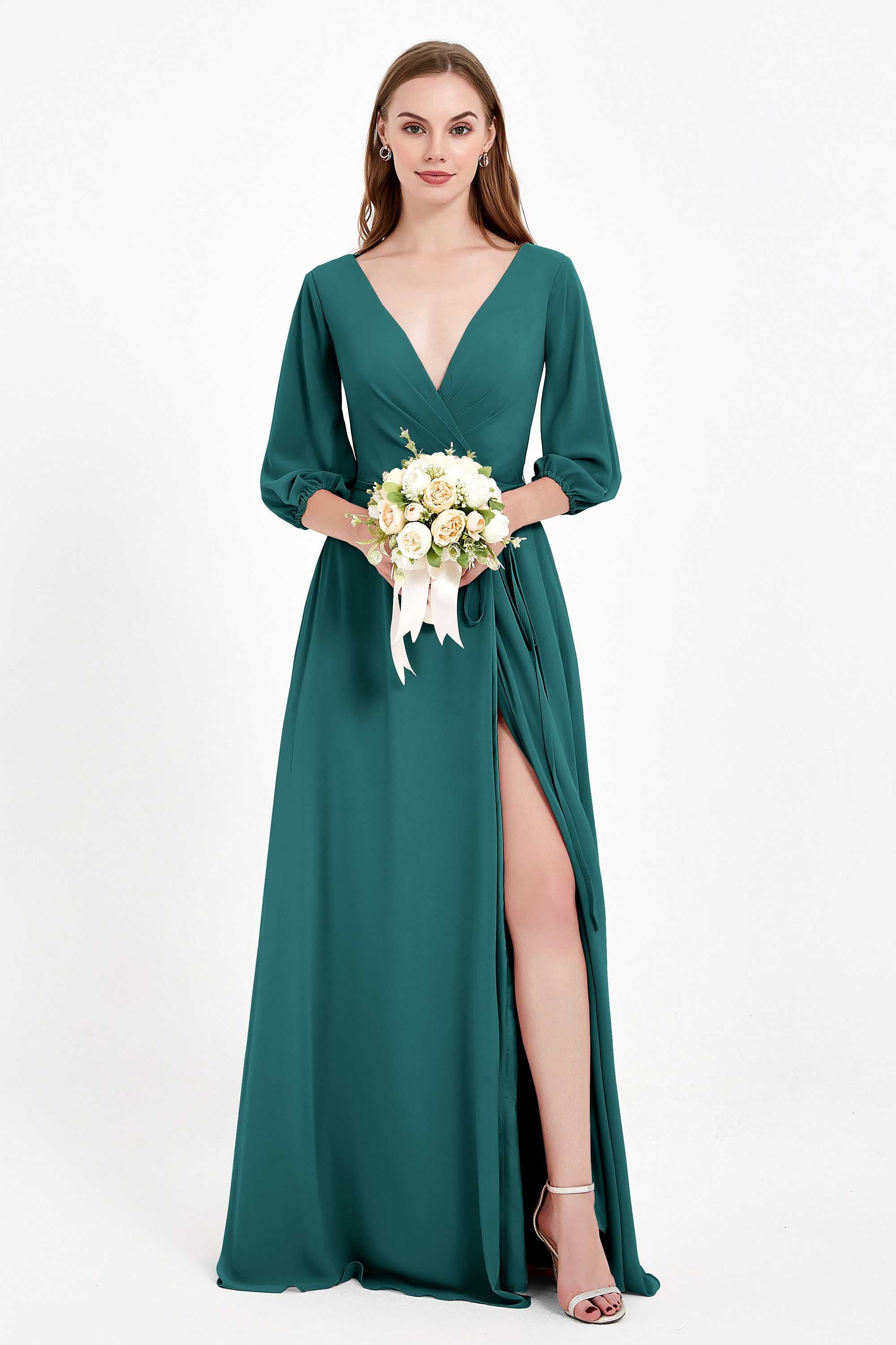 Long Sleeves V Neck Chiffon Bridesmaid Dresses Mother of the Bride Dress Evening Party Gowns