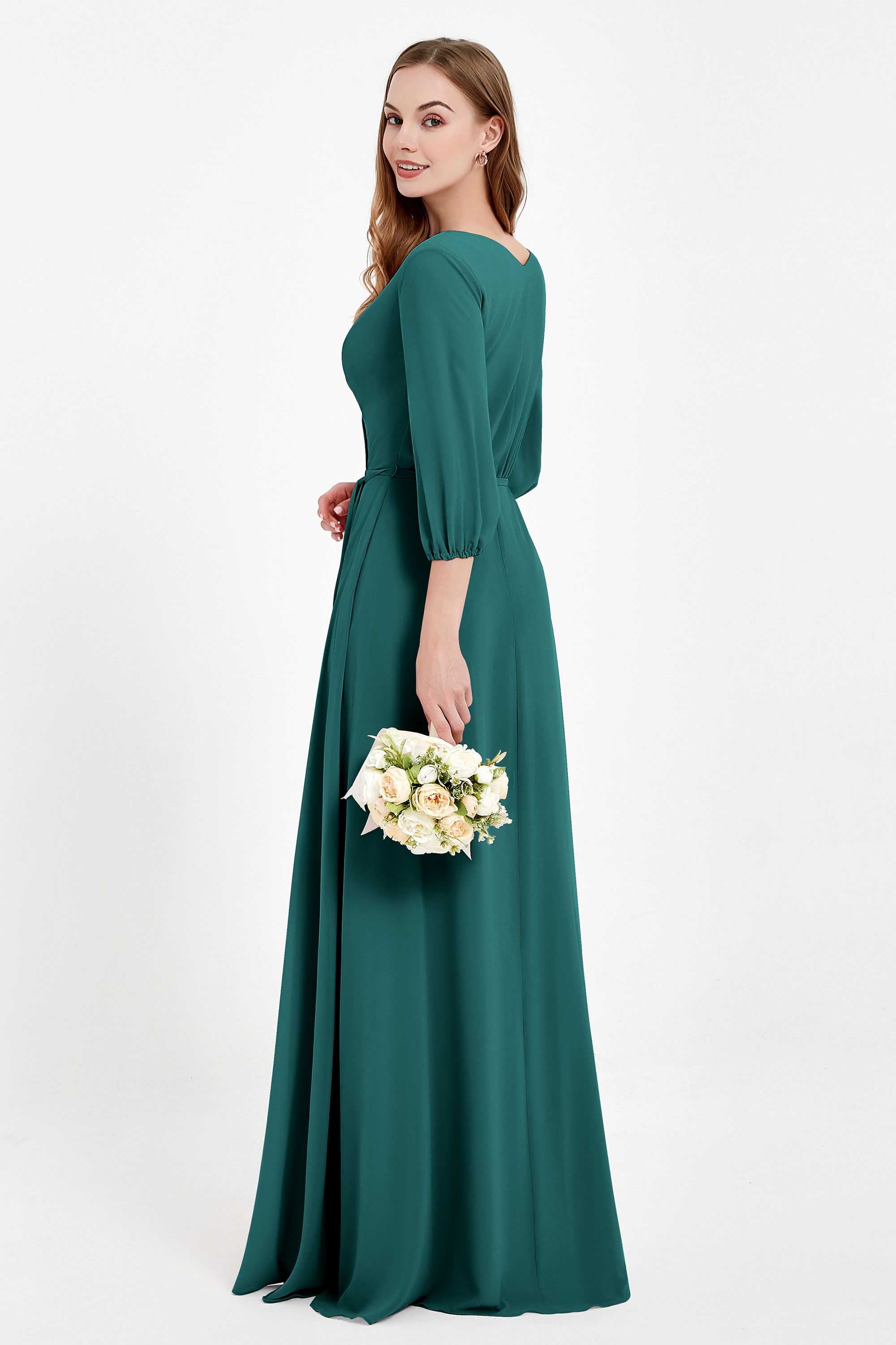 Long Sleeves V Neck Chiffon Bridesmaid Dresses Mother of the Bride Dress Evening Party Gowns