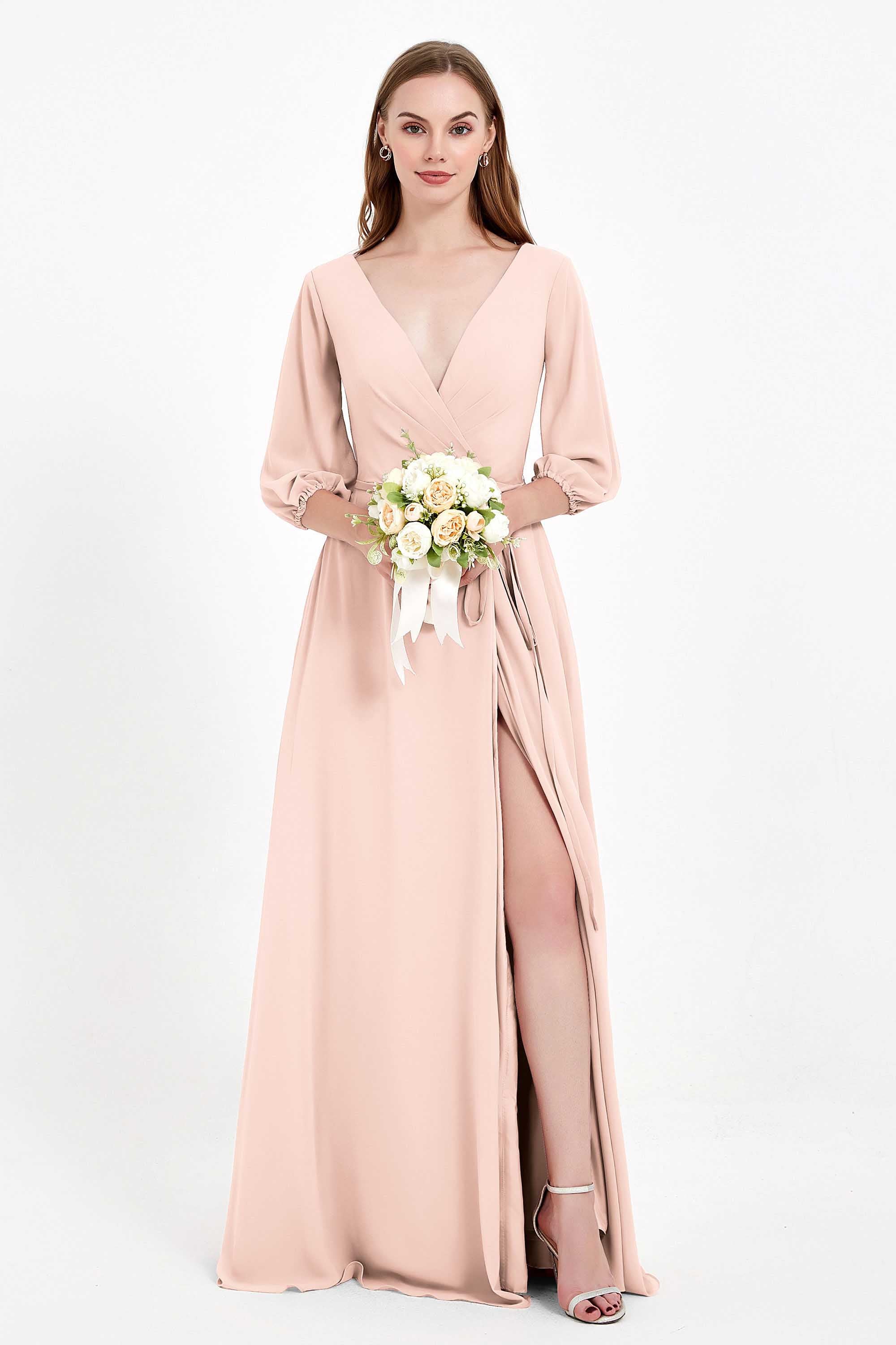 Long Sleeves V Neck Chiffon Bridesmaid Dresses Mother of the Bride Dress Evening Party Gowns