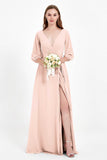 Long Sleeves V Neck Chiffon Bridesmaid Dresses Mother of the Bride Dress Evening Party Gowns