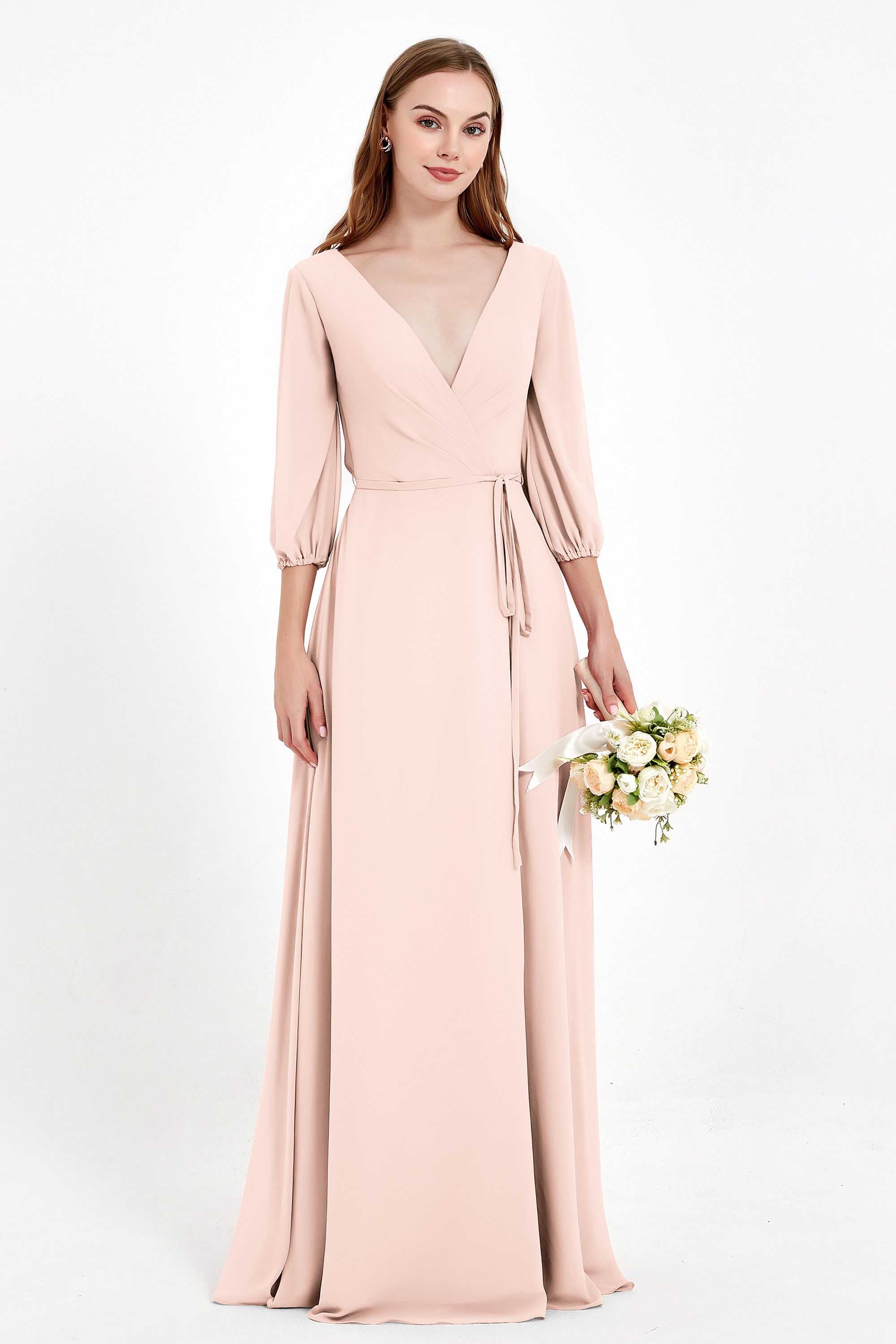 Long Sleeves V Neck Chiffon Bridesmaid Dresses Mother of the Bride Dress Evening Party Gowns