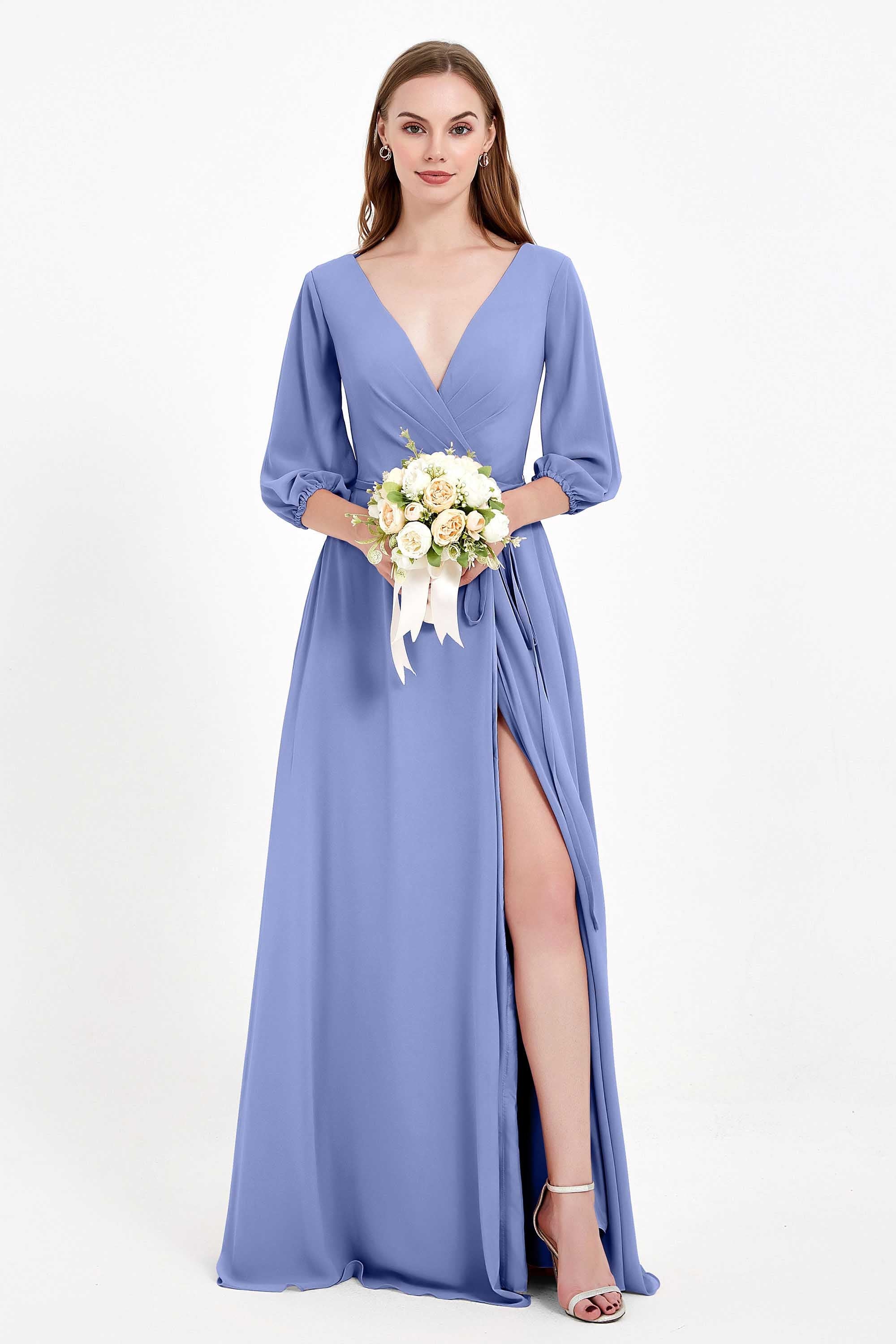 Long Sleeves V Neck Chiffon Bridesmaid Dresses Mother of the Bride Dress Evening Party Gowns