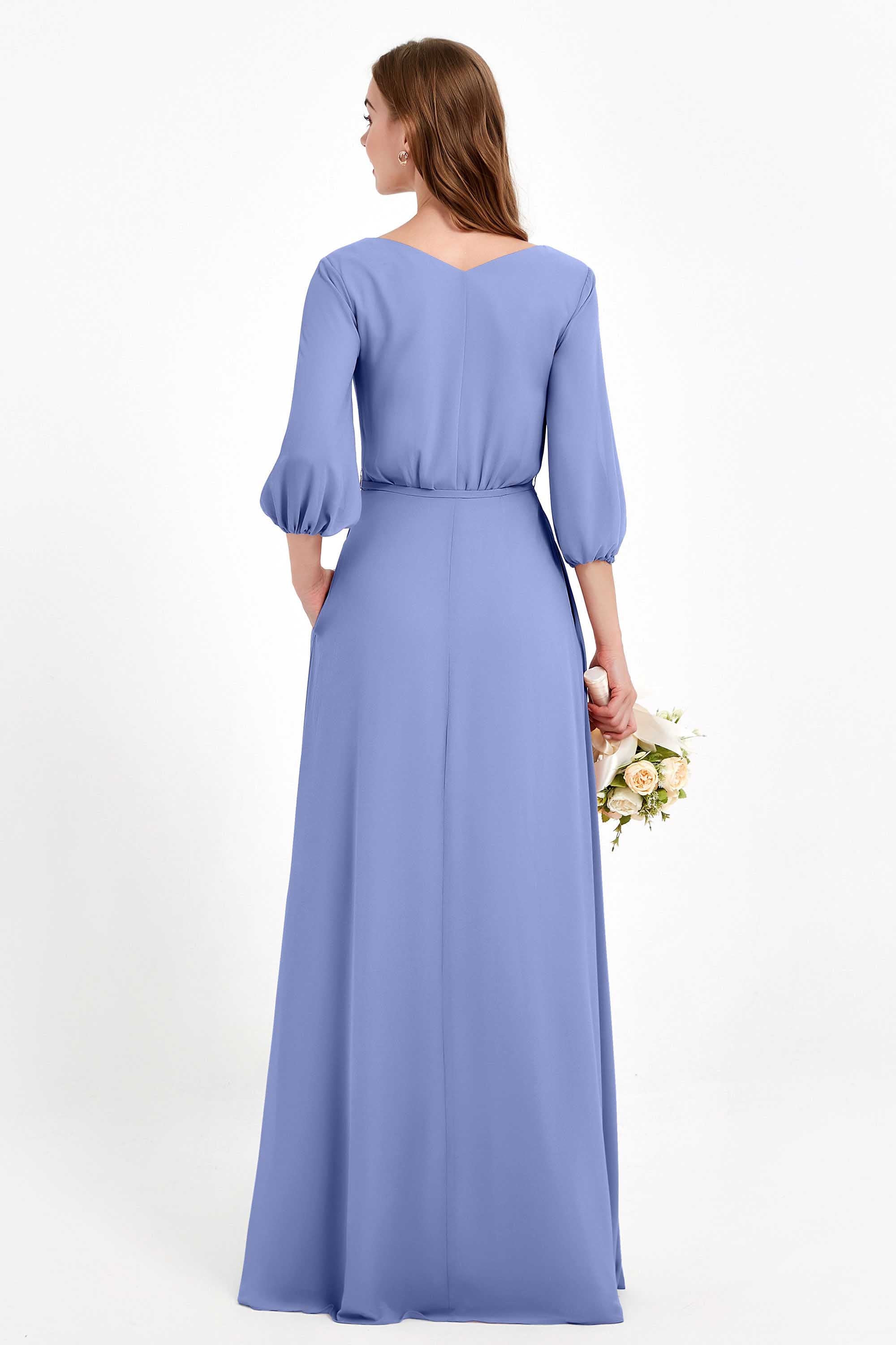 Long Sleeves V Neck Chiffon Bridesmaid Dresses Mother of the Bride Dress Evening Party Gowns
