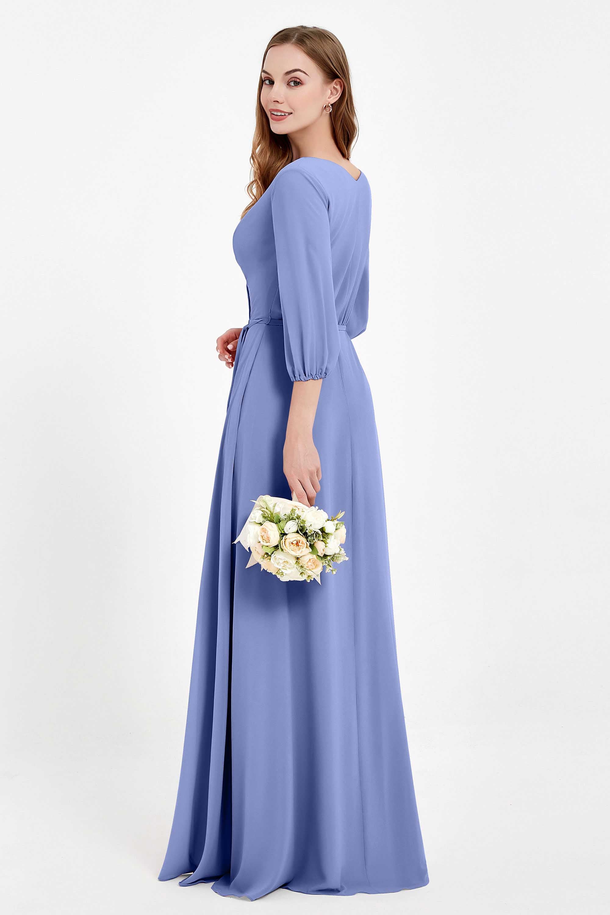 Long Sleeves V Neck Chiffon Bridesmaid Dresses Mother of the Bride Dress Evening Party Gowns