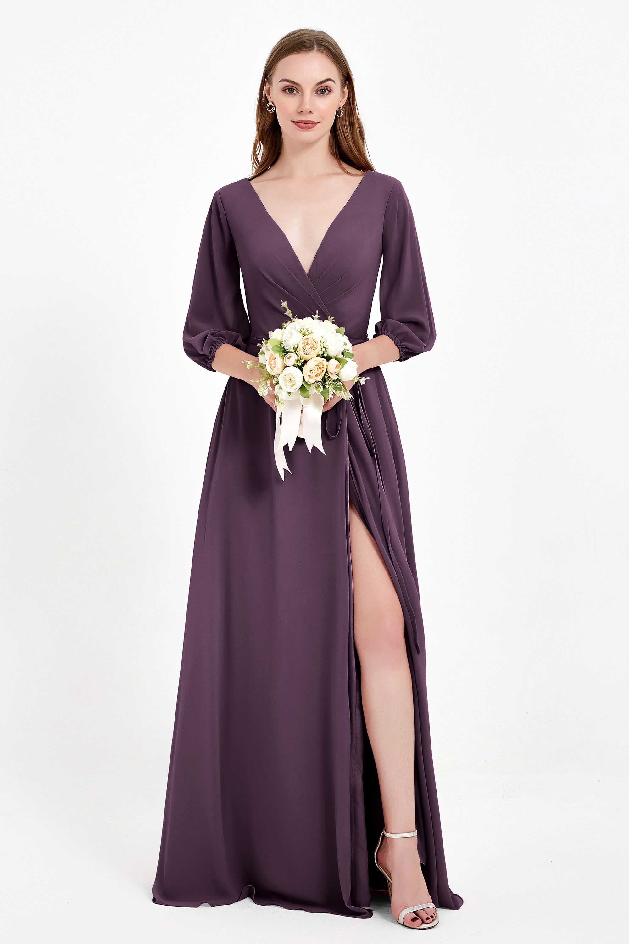Long Sleeves V Neck Chiffon Bridesmaid Dresses Mother of the Bride Dress Evening Party Gowns