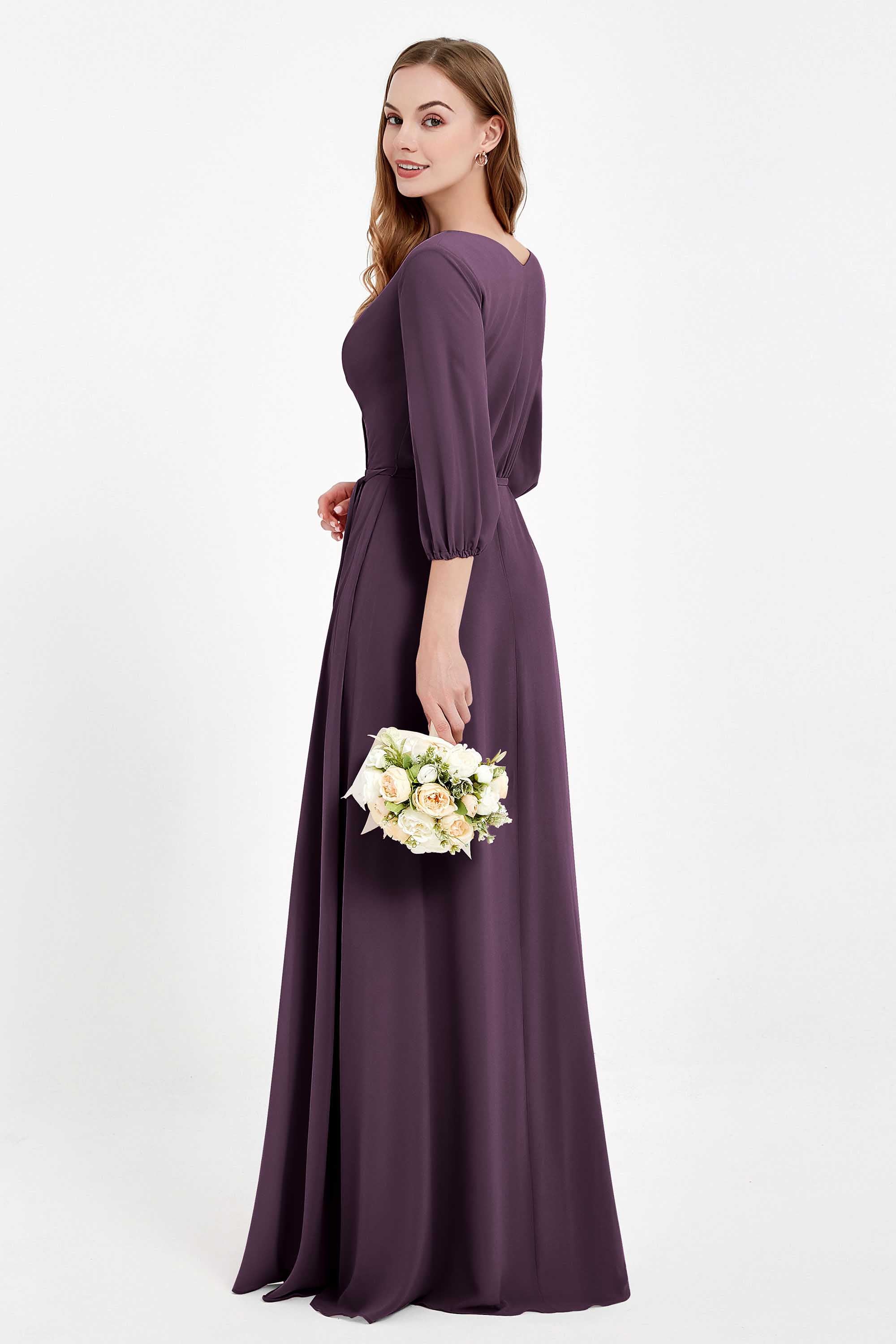 Long Sleeves V Neck Chiffon Bridesmaid Dresses Mother of the Bride Dress Evening Party Gowns