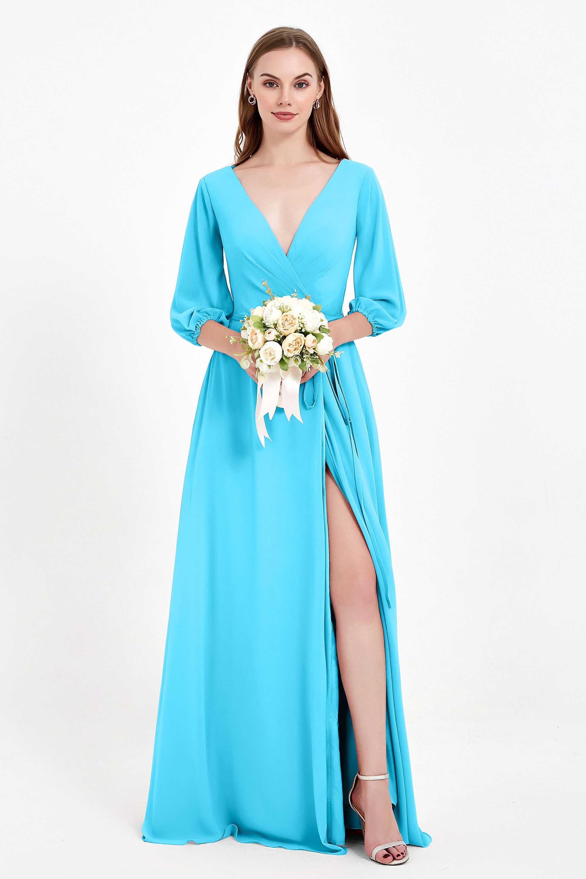 Long Sleeves V Neck Chiffon Bridesmaid Dresses Mother of the Bride Dress Evening Party Gowns