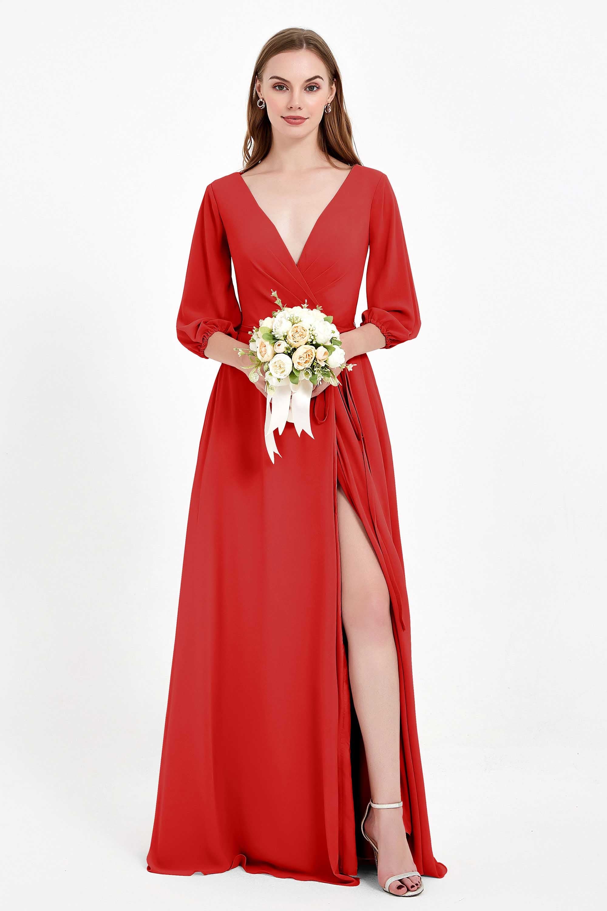 Long Sleeves V Neck Chiffon Bridesmaid Dresses Mother of the Bride Dress Evening Party Gowns