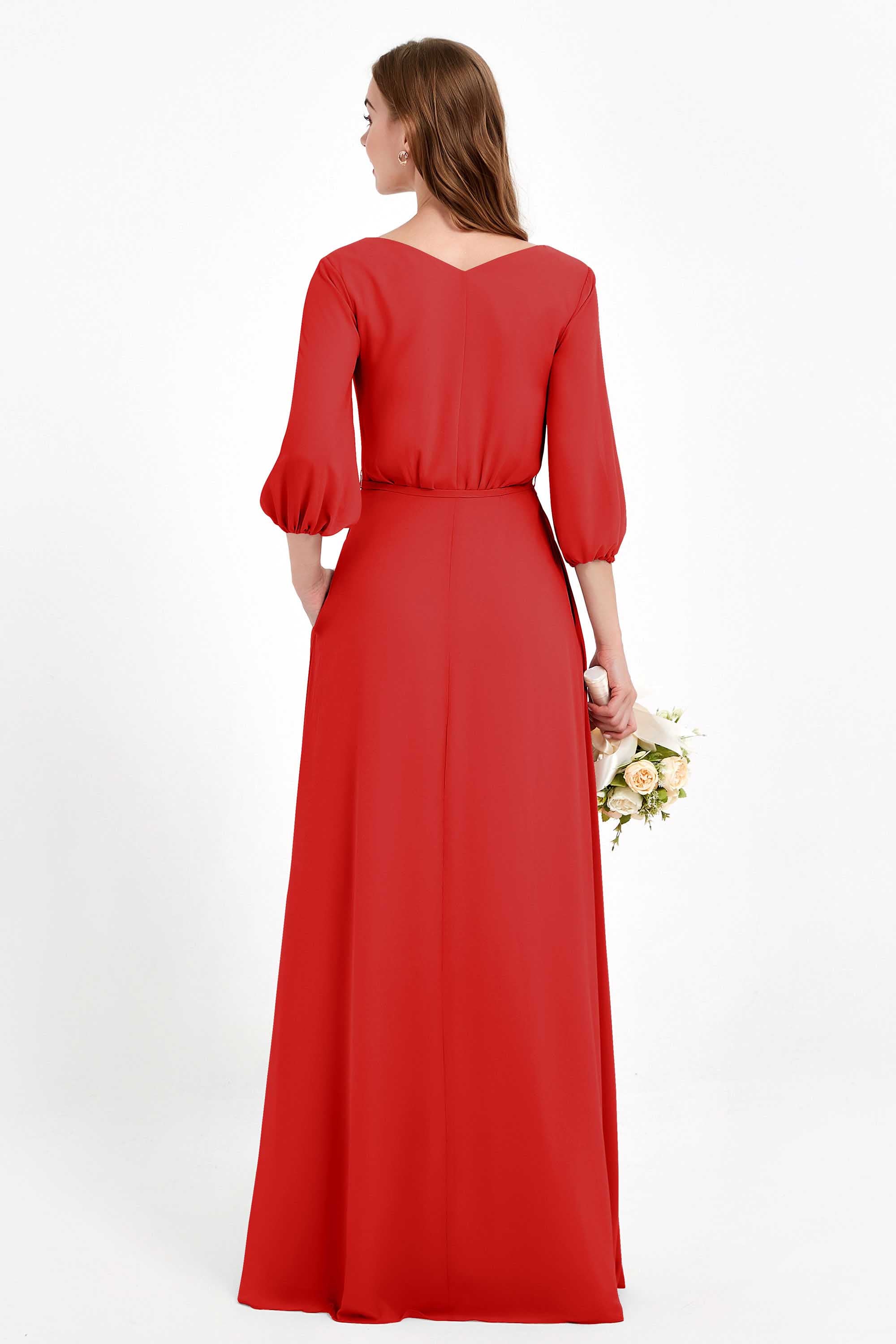 Long Sleeves V Neck Chiffon Bridesmaid Dresses Mother of the Bride Dress Evening Party Gowns