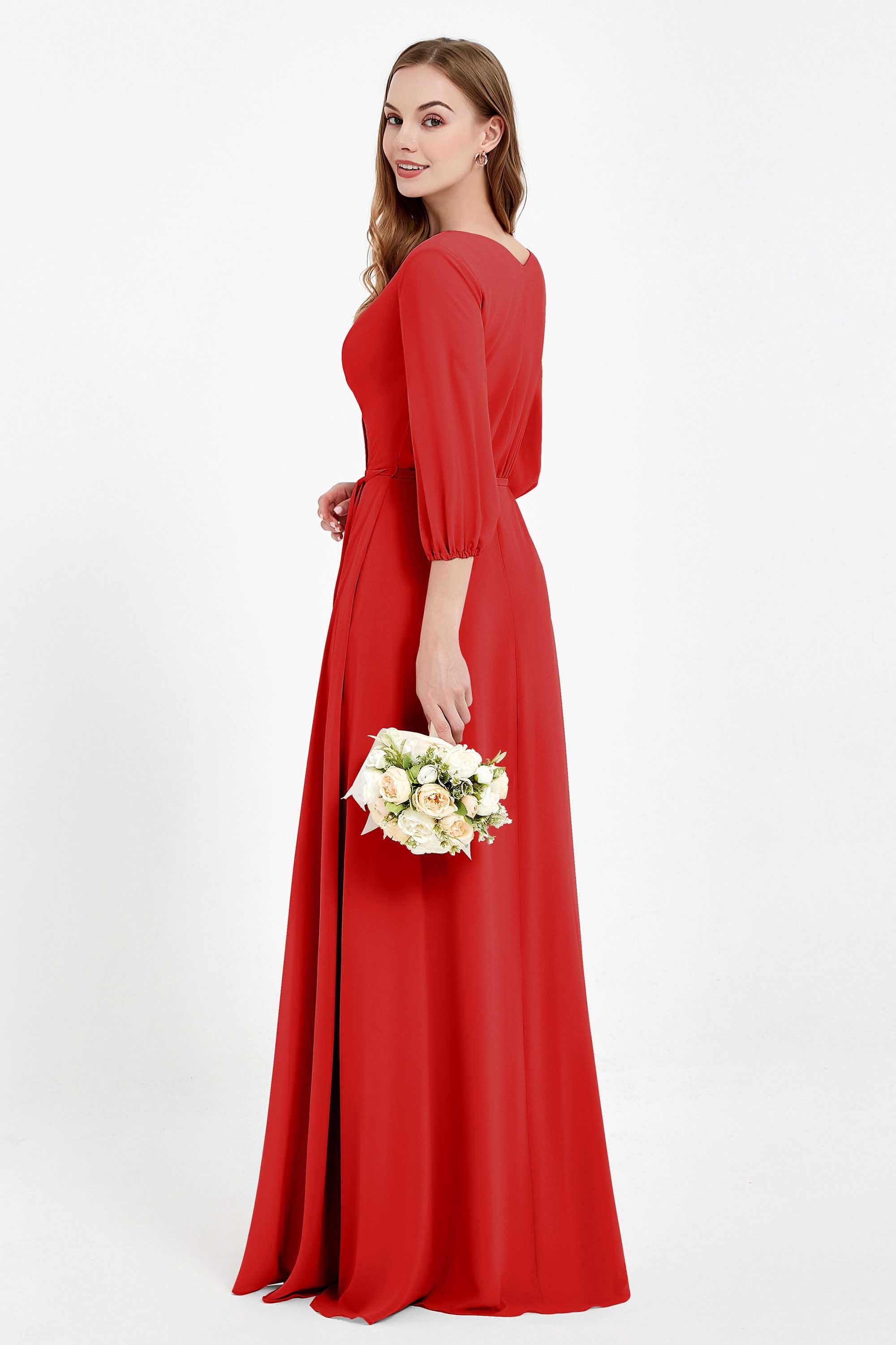 Long Sleeves V Neck Chiffon Bridesmaid Dresses Mother of the Bride Dress Evening Party Gowns