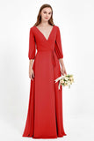 Long Sleeves V Neck Chiffon Bridesmaid Dresses Mother of the Bride Dress Evening Party Gowns