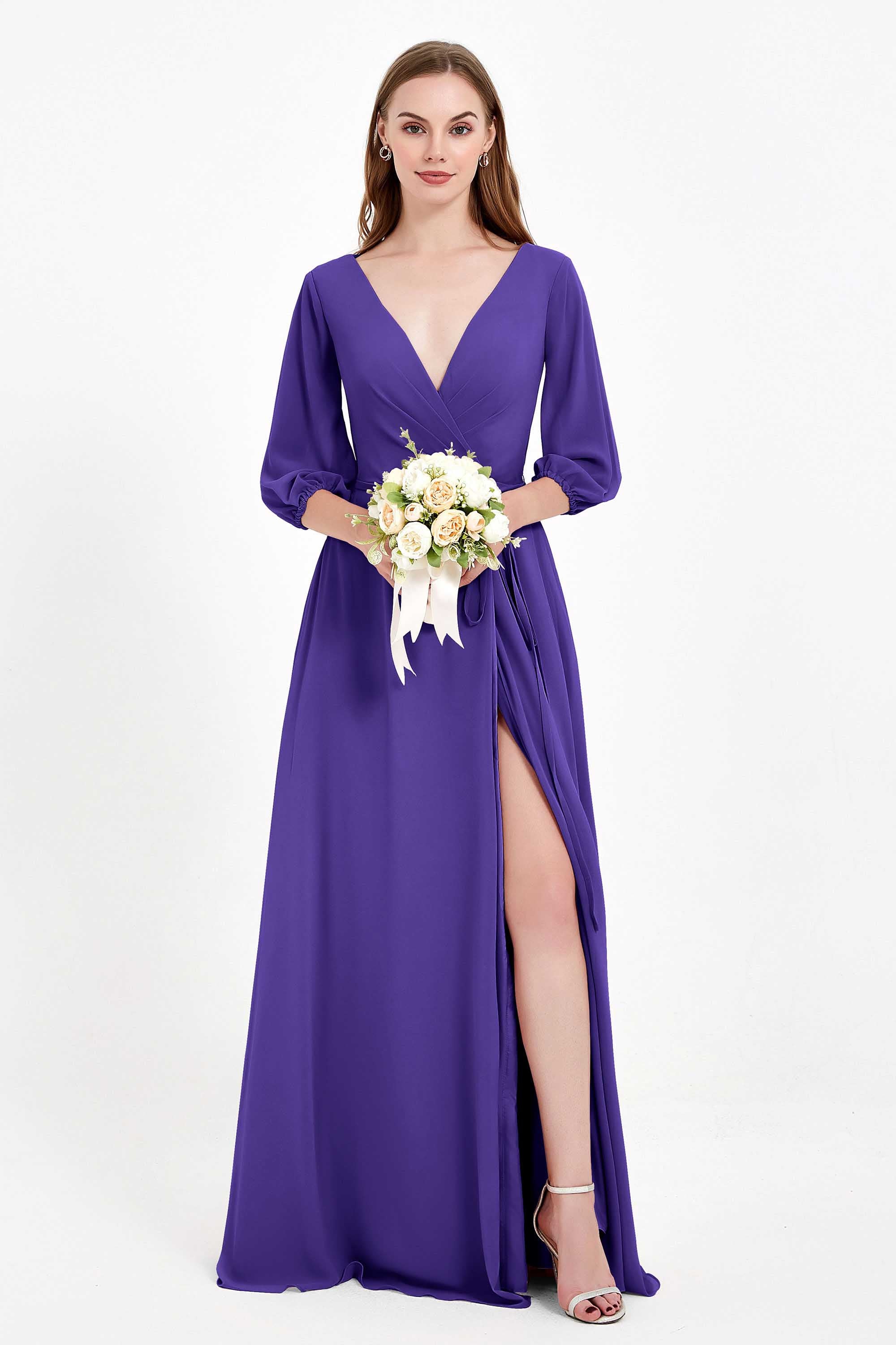 Long Sleeves V Neck Chiffon Bridesmaid Dresses Mother of the Bride Dress Evening Party Gowns