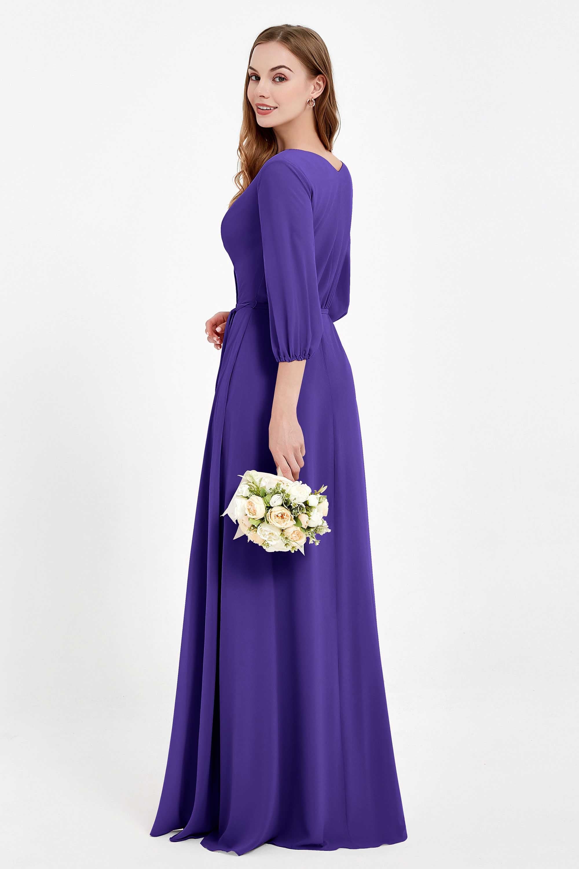 Long Sleeves V Neck Chiffon Bridesmaid Dresses Mother of the Bride Dress Evening Party Gowns