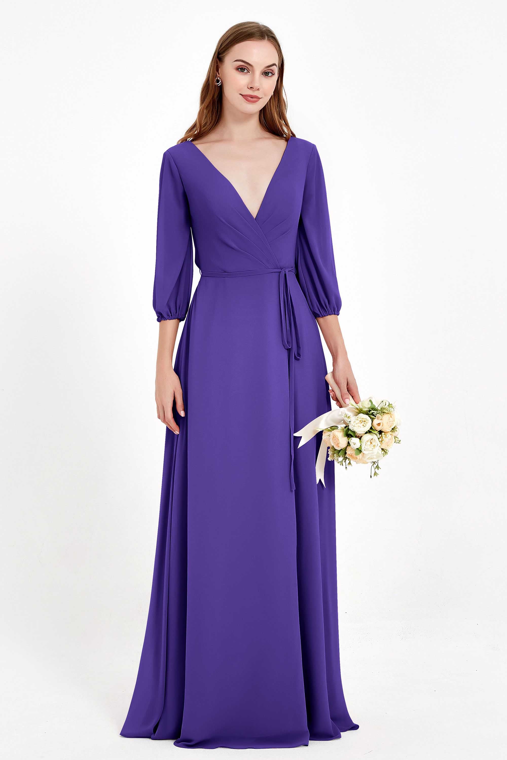 Long Sleeves V Neck Chiffon Bridesmaid Dresses Mother of the Bride Dress Evening Party Gowns