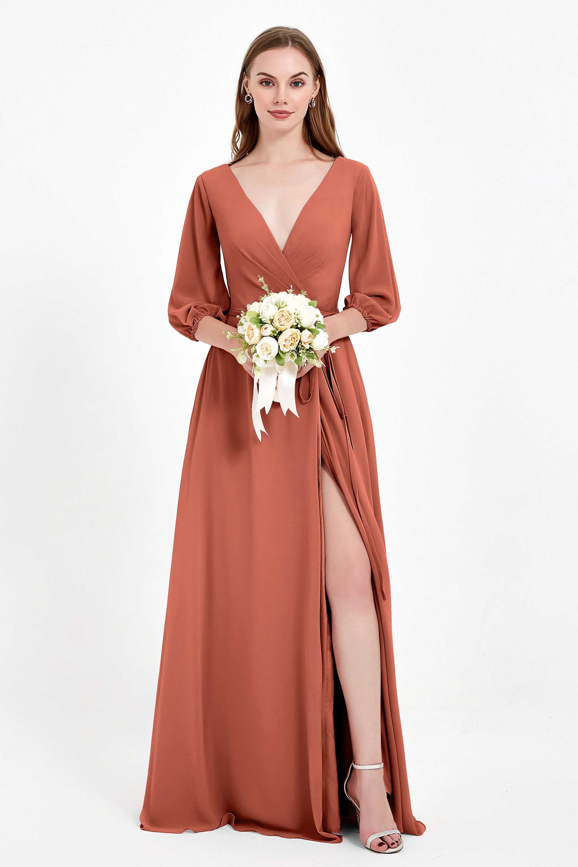 Long Sleeves V Neck Chiffon Bridesmaid Dresses Mother of the Bride Dress Evening Party Gowns