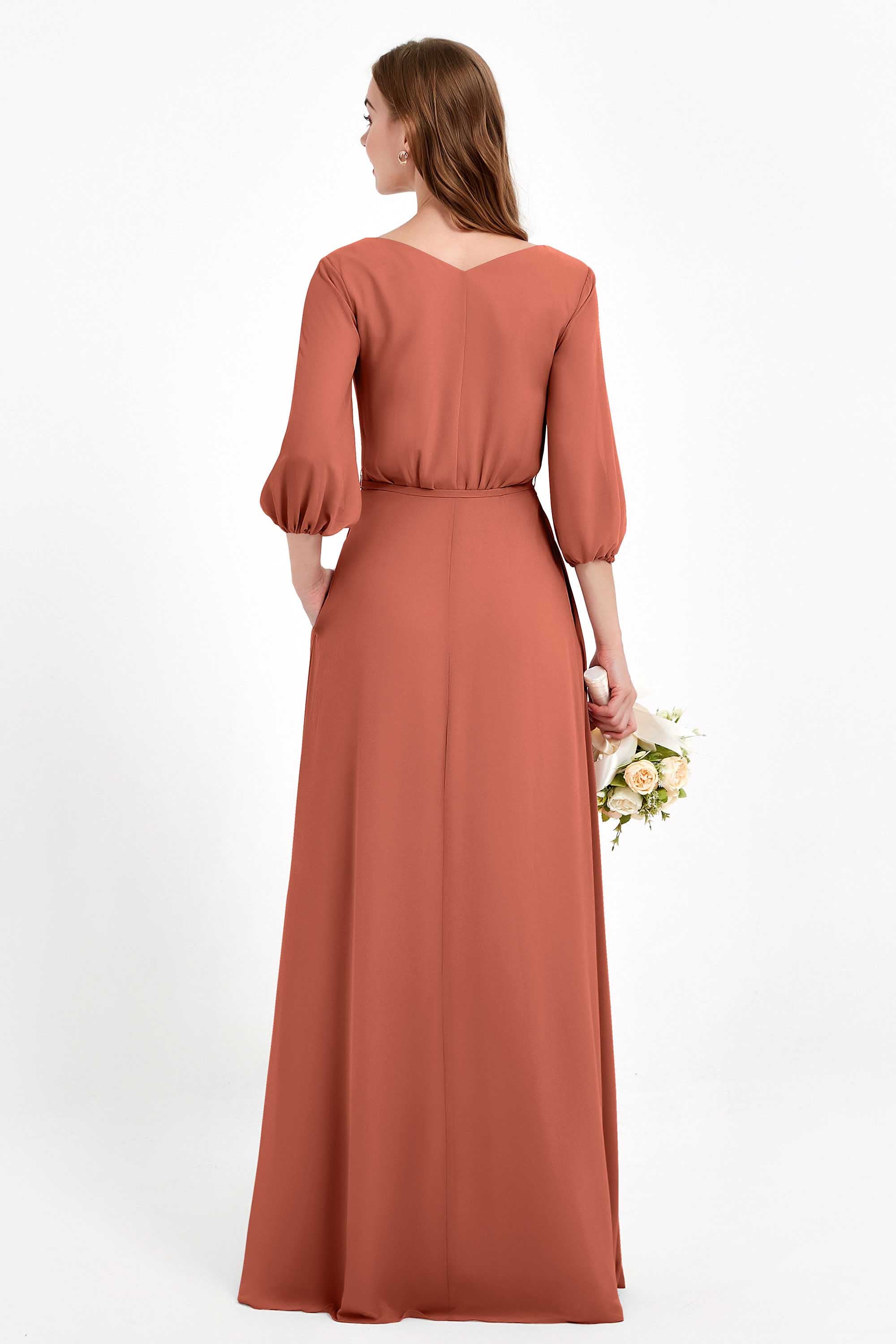 Long Sleeves V Neck Chiffon Bridesmaid Dresses Mother of the Bride Dress Evening Party Gowns