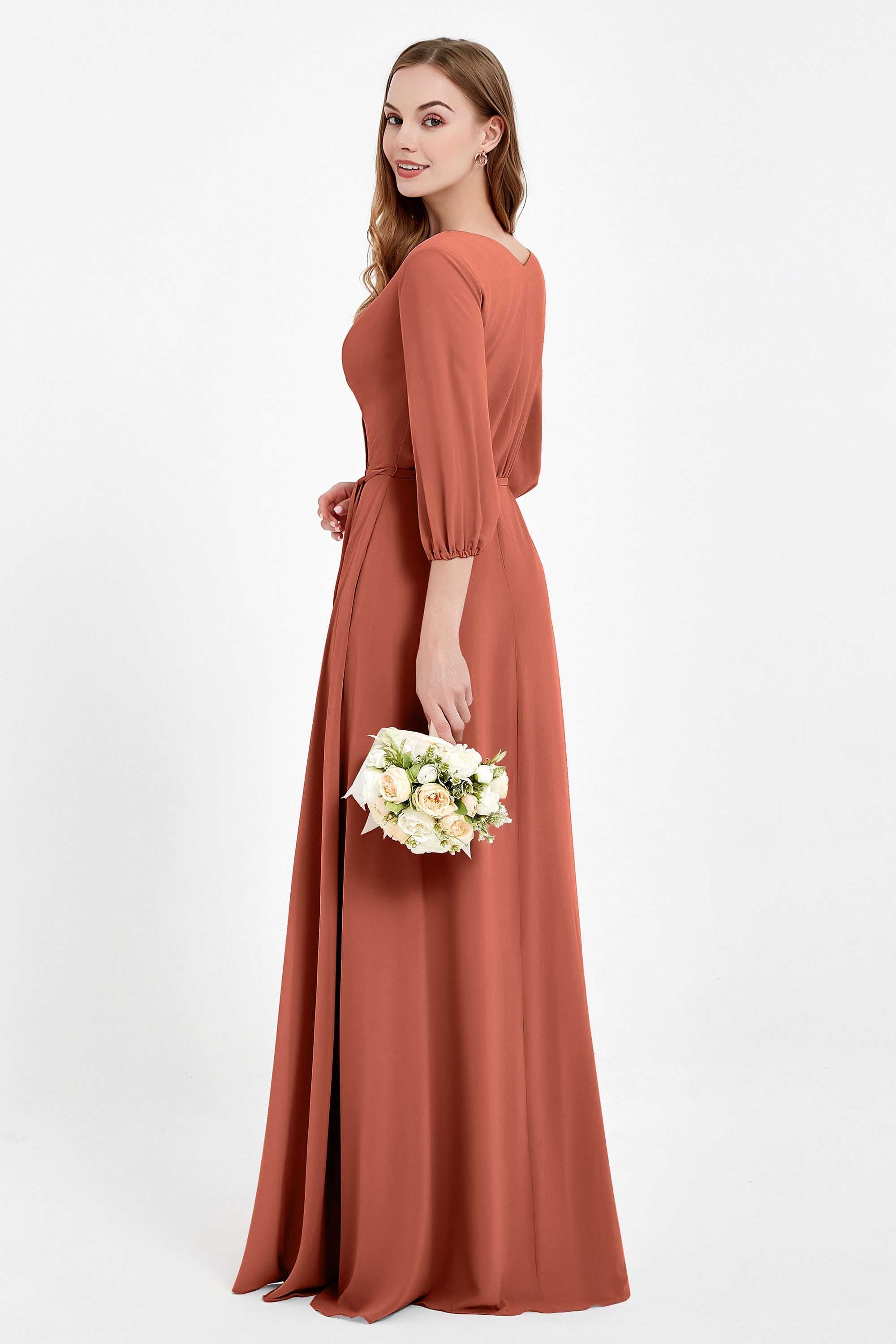 Long Sleeves V Neck Chiffon Bridesmaid Dresses Mother of the Bride Dress Evening Party Gowns