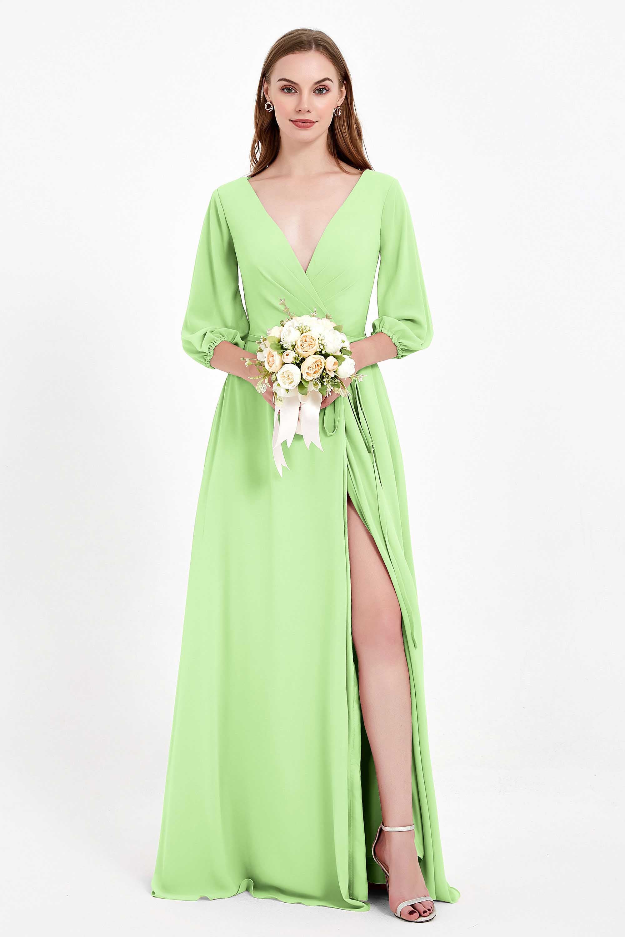Long Sleeves V Neck Chiffon Bridesmaid Dresses Mother of the Bride Dress Evening Party Gowns