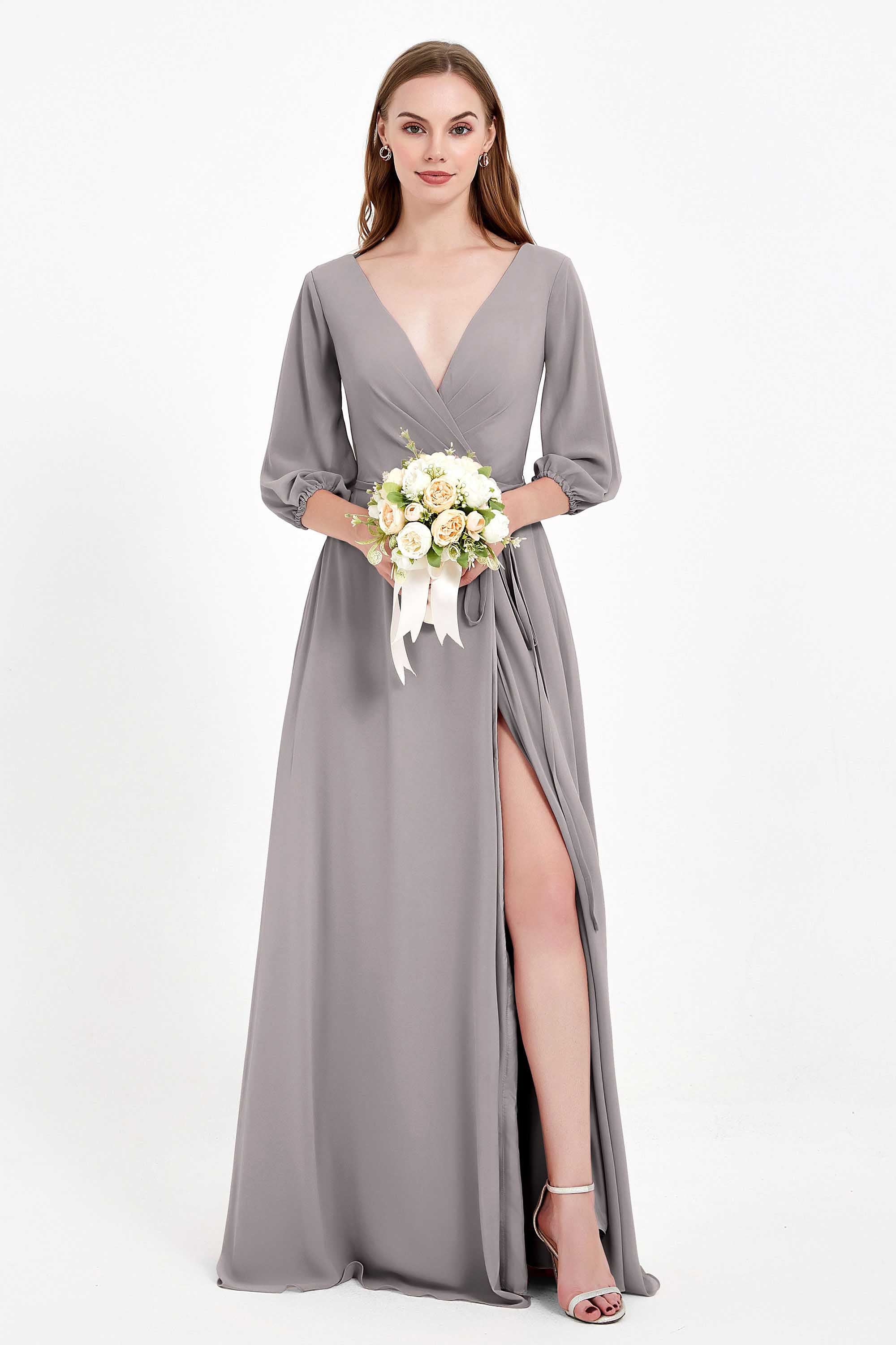 Long Sleeves V Neck Chiffon Bridesmaid Dresses Mother of the Bride Dress Evening Party Gowns